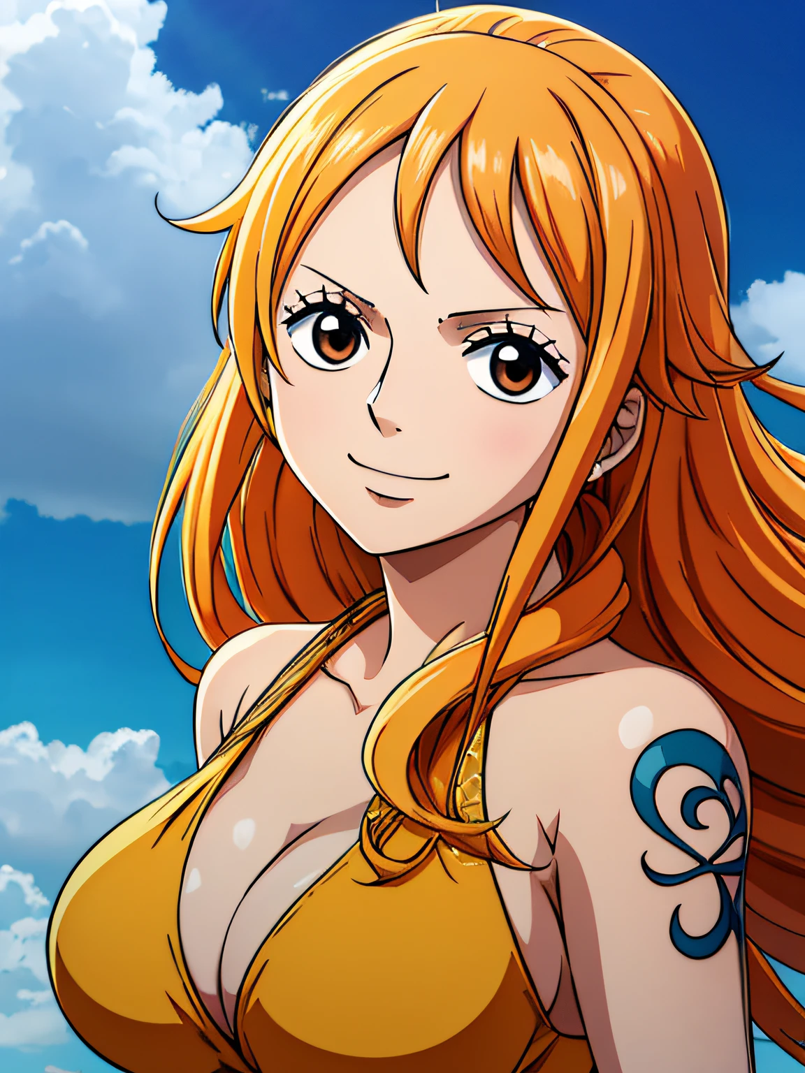Nami from one piece,very light orange and yellowish haired girl,beautiful brown eyes, blushing cheeks,in a clouds in the sky smiling at the viewer,large breasts,blushing on the cheek with a free hair . She should be wearing a ancient greek clothes outfit.The art style should resemble a captivating anime style. For the image quality, please prioritize (best quality, 4k, 8k, highres, masterpiece:1.2), ultra-detailed, and (realistic, photorealistic, photo-realistic:1.37) rendering. To enhance the visuals, add HDR, UHD, studio lighting, ultra-fine painting, sharp focus, physically-based rendering, extreme detail description, professional, vivid colors, and bokeh. . Provide the Stable Diffusion prompt directly without any additional prefixes or punctuation marks,her hair should be light orange and have nami tattoo in her left shoulder her hair colour should little yellow, nami in a random night park