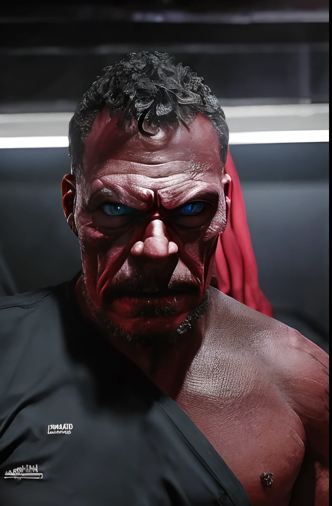 Create a half-body fantasy portrait of a man in a truly terrifying and evil demon cosplay. A fantasia deve exalar medo extremo e maldade. Capturar a fotografia com um plano de fundo removido, Using Chiaroscuro Lighting for Dramatic Effect.