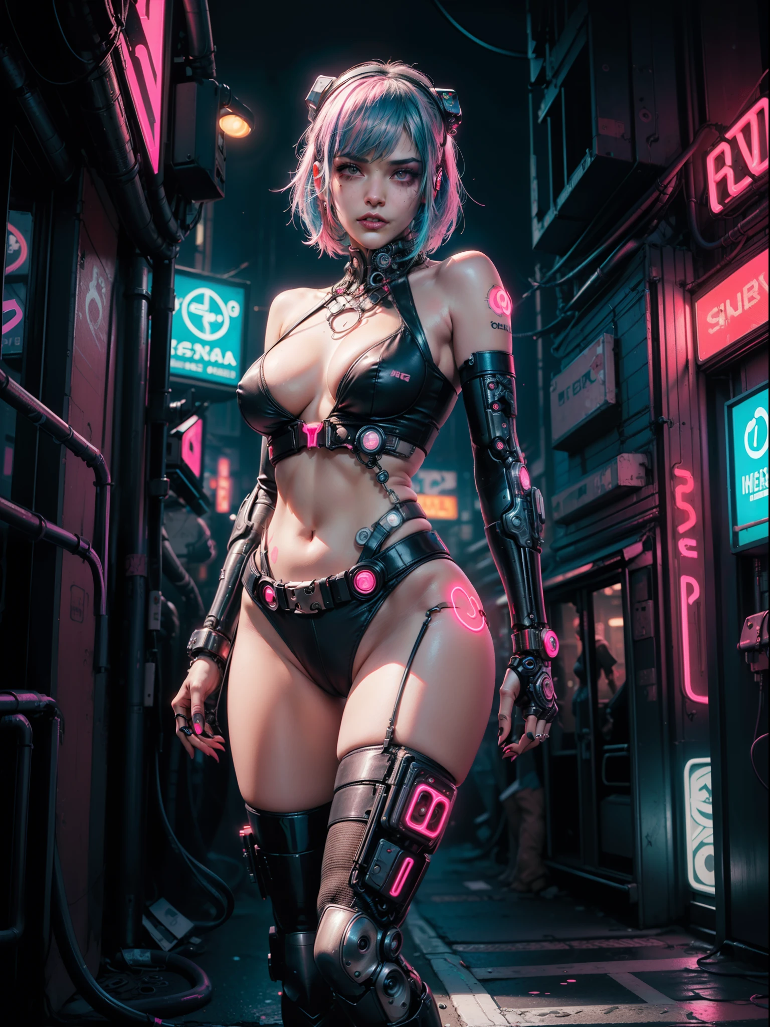 (masterpiece, top quality, best quality, official art, beautiful and aesthetic:1.2),(1 Sofia Boutella cyberpunk girl:1.4),([pink|blue] hair:1.5),((extreme detailed face)),(fractal art:1.3),(colorful:1.5), ((highly detailed face)), hyper detailed,(Mechanical modification:1.3),(modification:1.2),Maiden,(complex mechanical conduit is inserted into the back:1.5),(neon background:1.4),(neon city:1.75),night,(large breasts, thigh gap, camel toe), (gothic_lolita:1.2),high heels,(:0.75),makeup,blush,(cyberpunk:1.4),((looking at viewer:1.3)), ((cowboy shot)), NSFW, ((facing camera)).