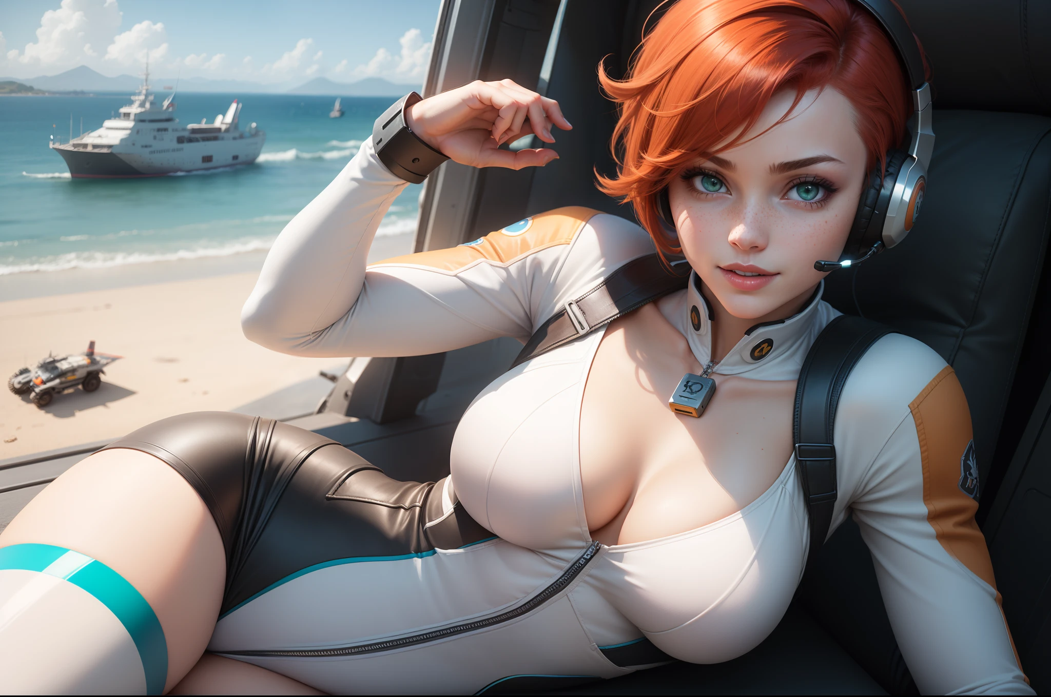 gwen tennyson,1girl,tracer,elsa,rebecca chambers,overwatch,gundam,close up,mecha pilot,ocean view,white and blue plugsuit,hair pin,pirate corset, white long sleeve lycra top,orange leggings,short hair,cute makeup,green eyes,orange and blue hair,shy smile, freckles,redhead,beautiful girl,large breasts,ultra detailed,realistic,fantasy art, gaming headset,pilot jacket,helicopter,