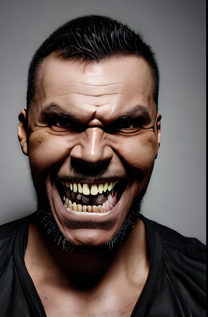 "Capture a half-body fantasy portrait of a man, cosplaying as a truly menacing and evil vampire with sharp, pointed canine teeth. The cosplay should exude extreme fear and malevolence. Photograph against a black background using chiaroscuro lighting for dramatic effect."