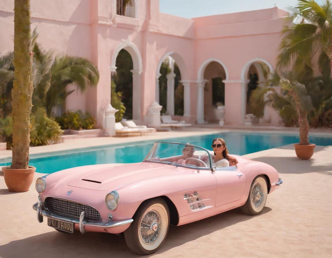 8k portrait of a 1960s science fiction film by Wes Anderson, Vogue anos 1960, rosa pastel cores, amarelo, azul, verde, pink castle, 8k, ultra realistic, hig definition, palm trees, mansion, doll house style, corvette 1956 pink,, Luz Natural, Psicodelia, futurista estranho, fotorrealista, hiper detalhado, foco nítido, Intrinsic, Fuji filmes 55mm,