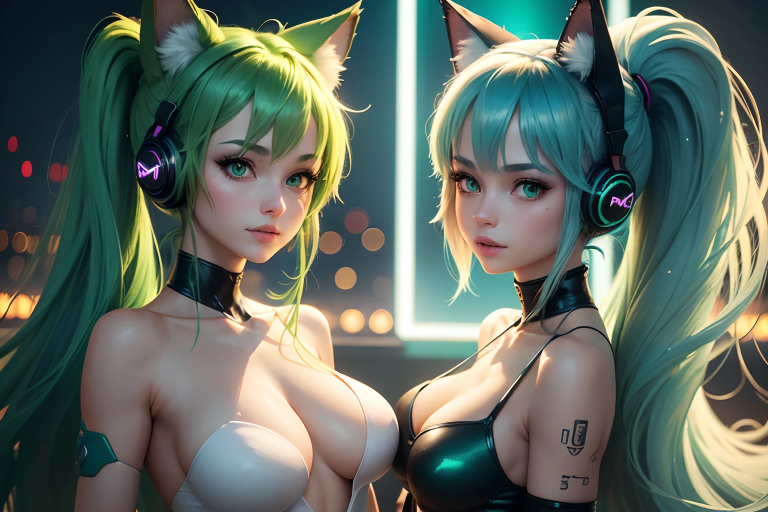 Create an AI-generated image of 2 anime fox girls smirking with medium breasts, long length teal-green hair in a ponytail with bright teal-green eyes, long length cyan hair with bright blue eyes, naked, fluffy green tail, bokeh, night time, club setting, neon lights, wet skin, sparkly, she's wearing cyberpunk cat ear headphones that glow neon green   she's wearing cyberpunk cat ear headphones that glow neon blue