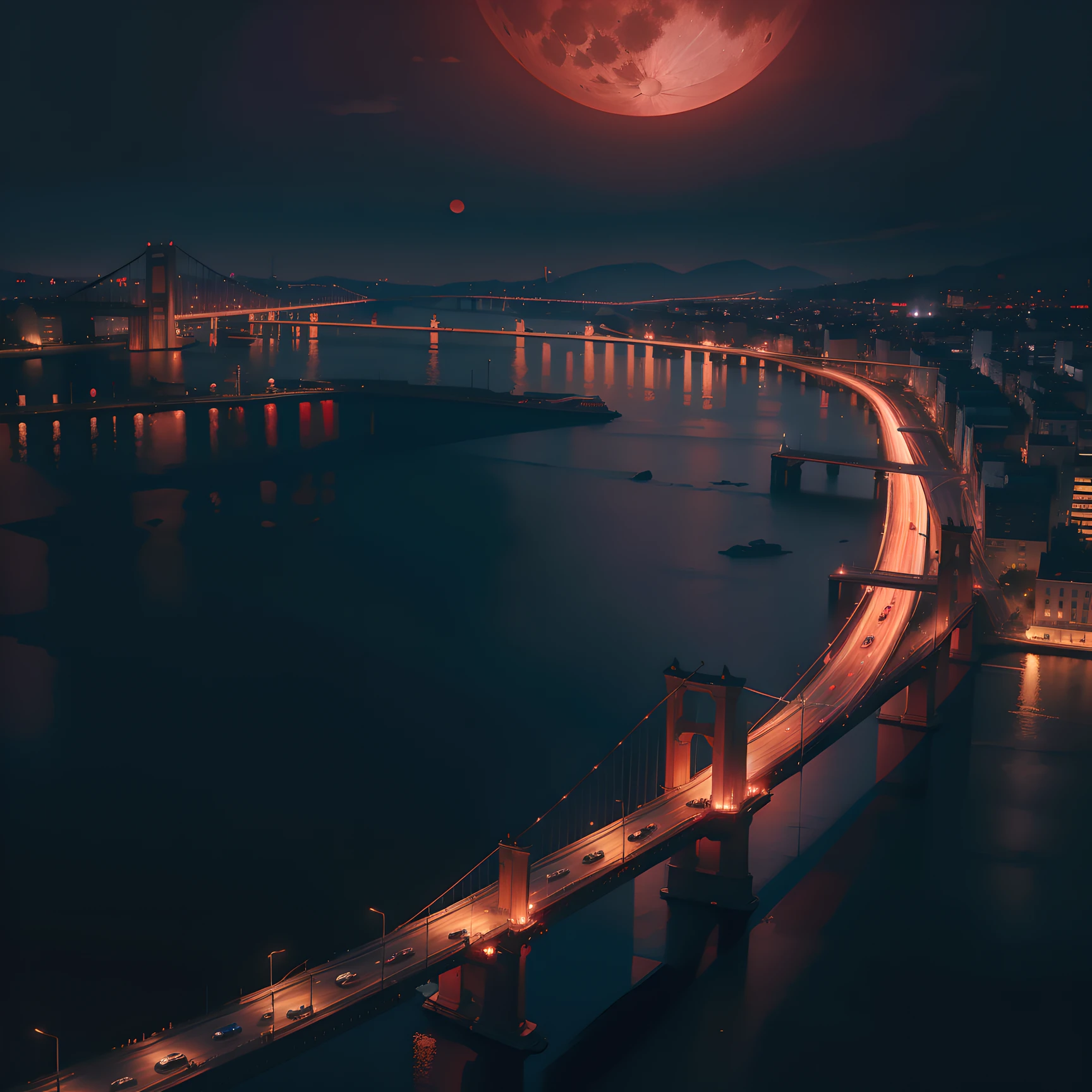 Dark night over the city, Red Moon, Red Moon with Energy Flow, Energy tides, Bad premonitions, scenery, Don't be human, There is energy flow, Highly realistic, 4K, Chiaroscuro, Ultra-high detail awaits the start