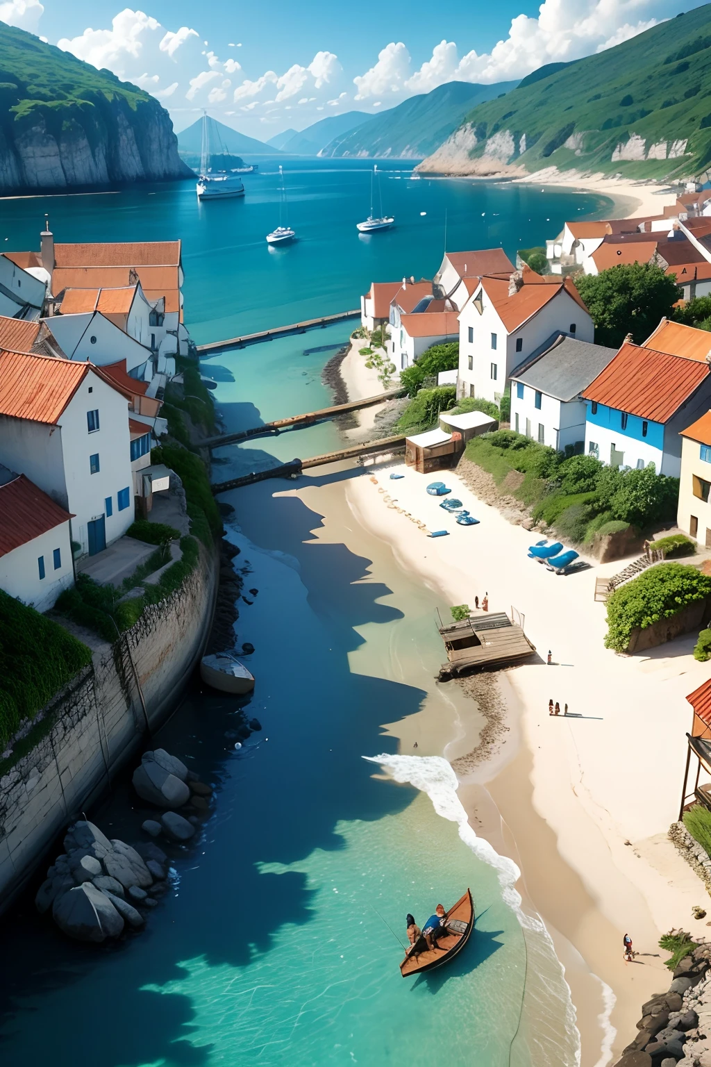 [The tranquil fishing village by the sea. JOHN, um humilde pescador, prepara seu barco para um dia de mar. The villagers wave at him as he leaves.