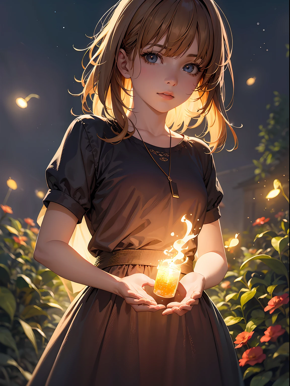 realistic, photorealistic, super detail, one girl, wide angle of view, firefly garden, lots of small faint light and fireflies flying around, night, 24K UHD