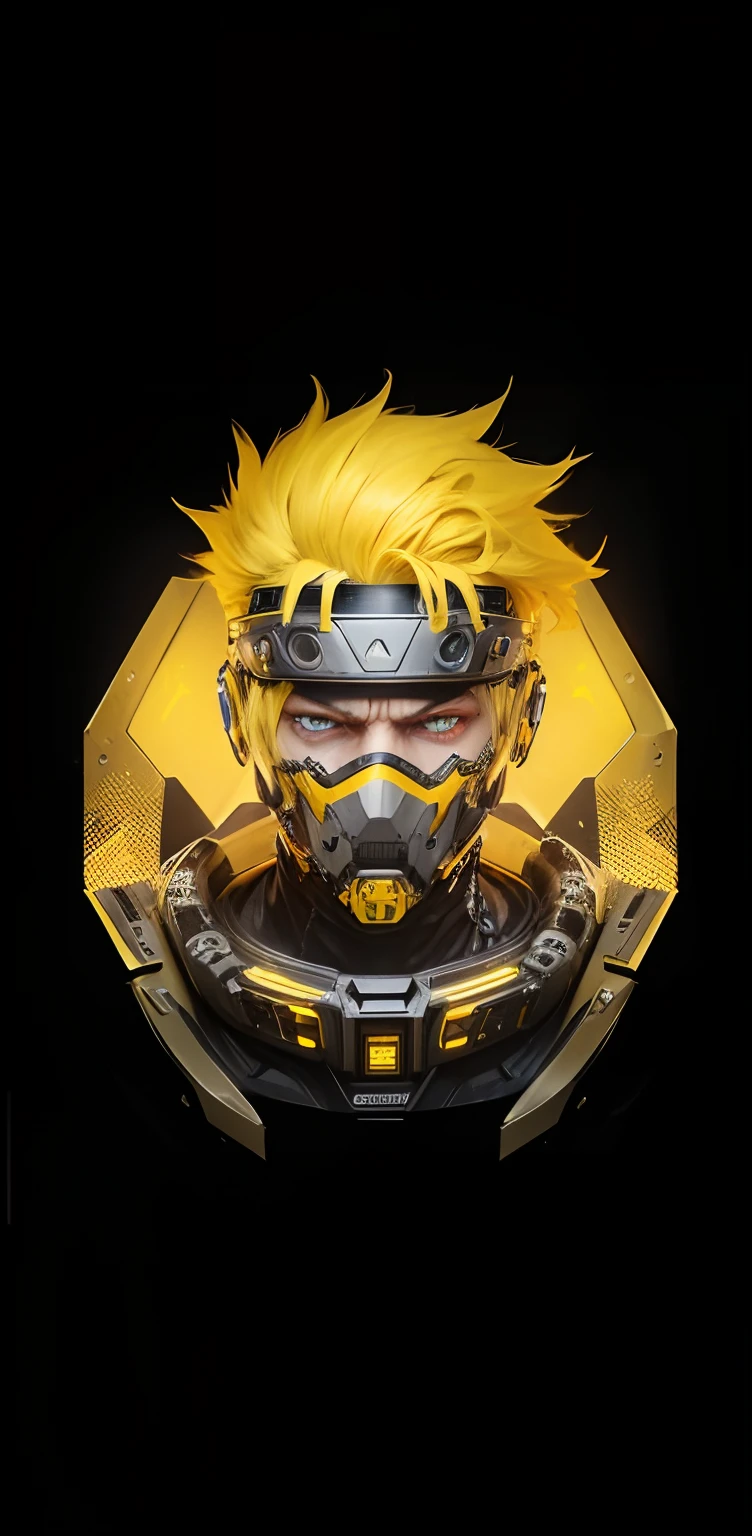 A guy with futuristic mask, yellow hair, yellow eyes, bloodlust eyes,headband, Robotic, cyberpunk, futuristic theme, Amazing, best quality, extremely detailed, realistic, 8k resolution