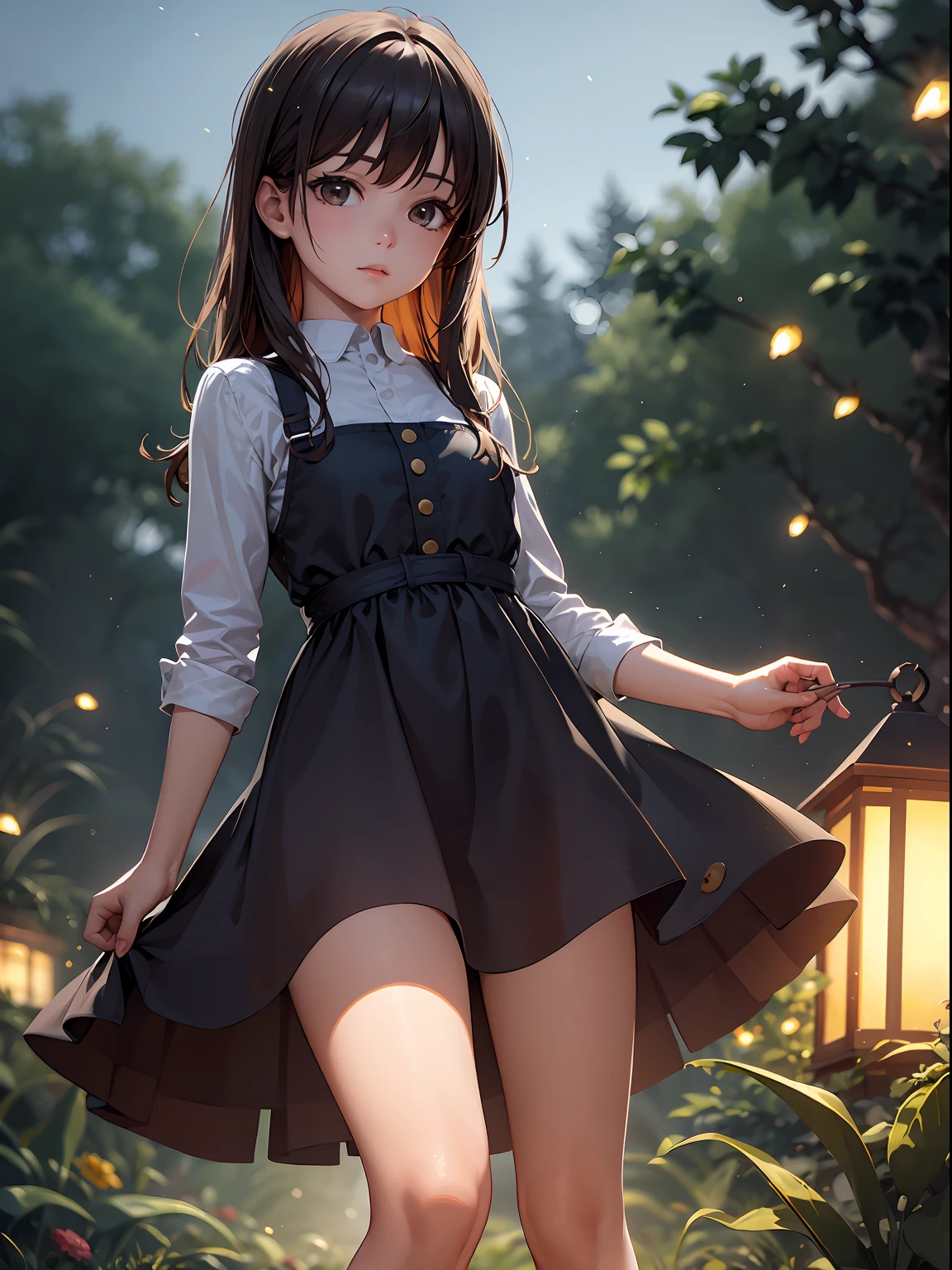 realistic, photorealistic, super detail, one girl, wide angle of view, firefly garden, lots of small faint light and fireflies flying around, night, 24K UHD