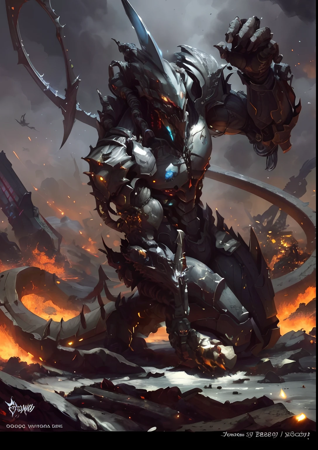 A closeup of a demonic creature with a sword and fire, Estilo Raymond Swanland, Arte infestada de Warframes, inspirado em Raymond Swanland, alien space knight, epic scifi fantasy art, epic scifi character art, Arte Warframe, depraved cybernetic demon, Directed by: Raymond Swanland, Alien warrior, fanart warframe de alta qualidade, dragon cyborg