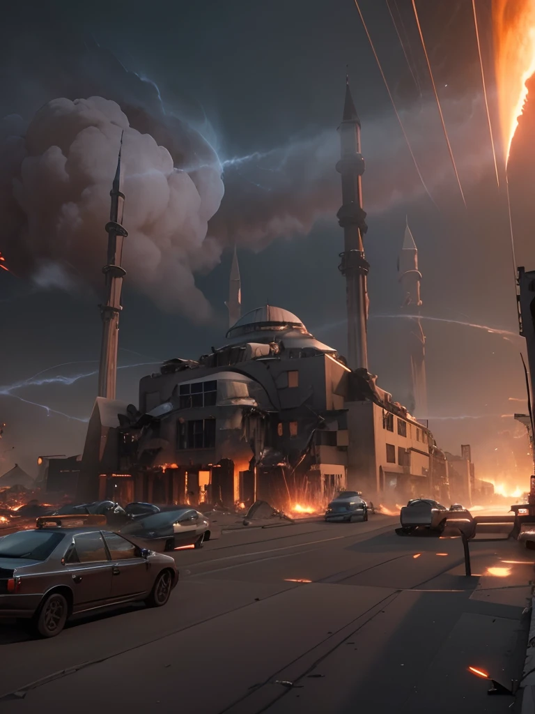 Best quality,Ultra-detailed,Realistic:1.37),An asteroid that hit Earth,disrupt,Widespread destruction,smoke and fire,The shock wave ripples,crumbling buildings,Falling debris,Chaos and panic,surreal atmosphere,dusk lighting,Epic disaster,People fled in terror,apocalyptic scenery,