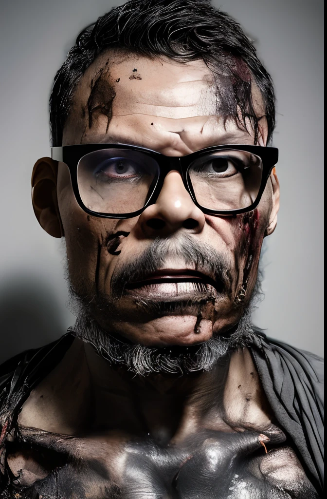 "Create a fantastical half-body portrait of a man wearing glasses, cosplaying as a severely injured and decaying zombie. The cosplay should exude extreme fear and malevolence. Photograph against a black background using chiaroscuro lighting for a dramatic effect."