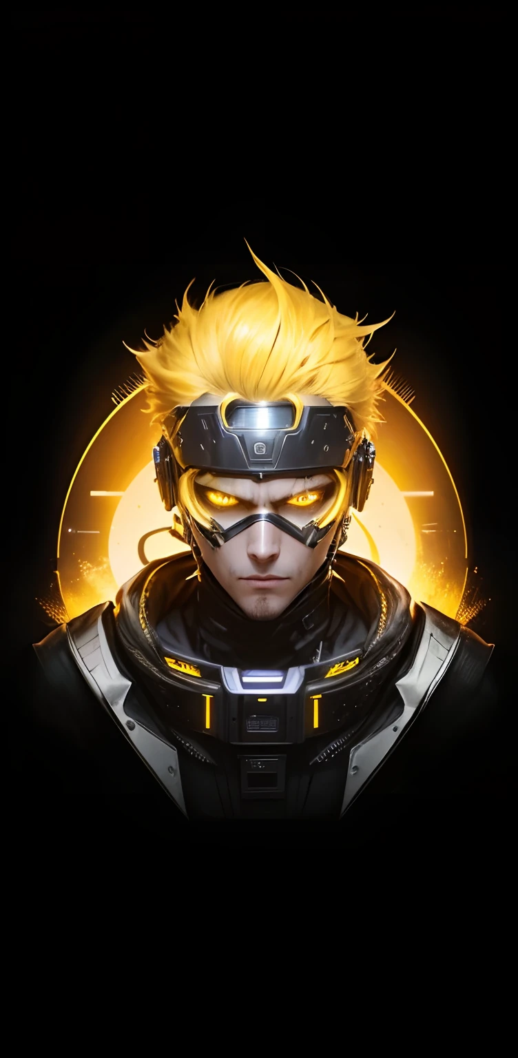 A guy with futuristic mask, yellow hair,shining yellow eyes,sharp gaze,headband, Robotic, cyberpunk, futuristic theme, Amazing, best quality, extremely detailed, realistic, 8k resolution
