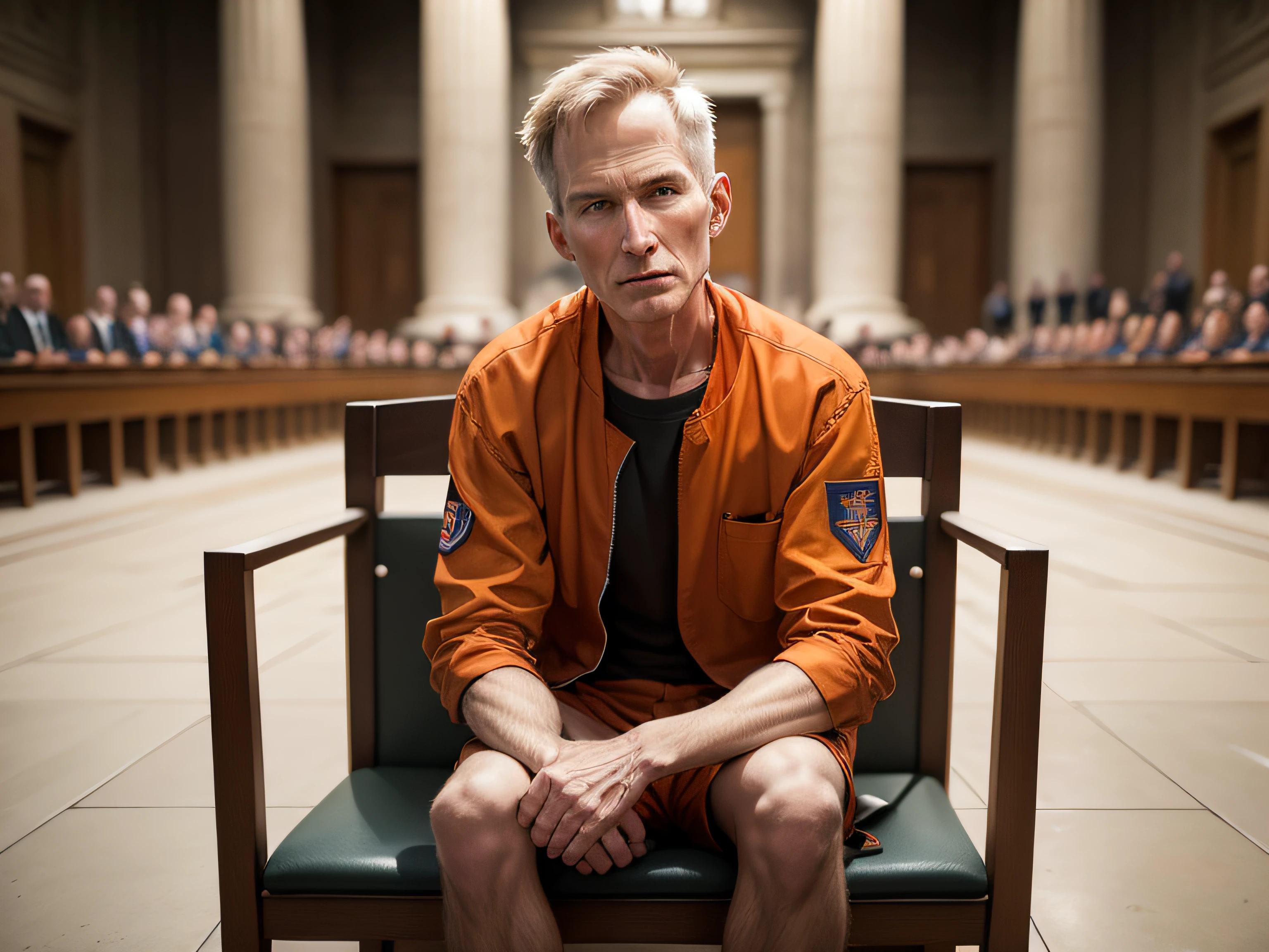 generates a super realistic photo of Peter Scully sitting in front of the entire supreme court, sin arrepentimiento, con ropa de prisionero color naranja, encadenado por la justicia y con el cartel de reo sujetado en sus manos