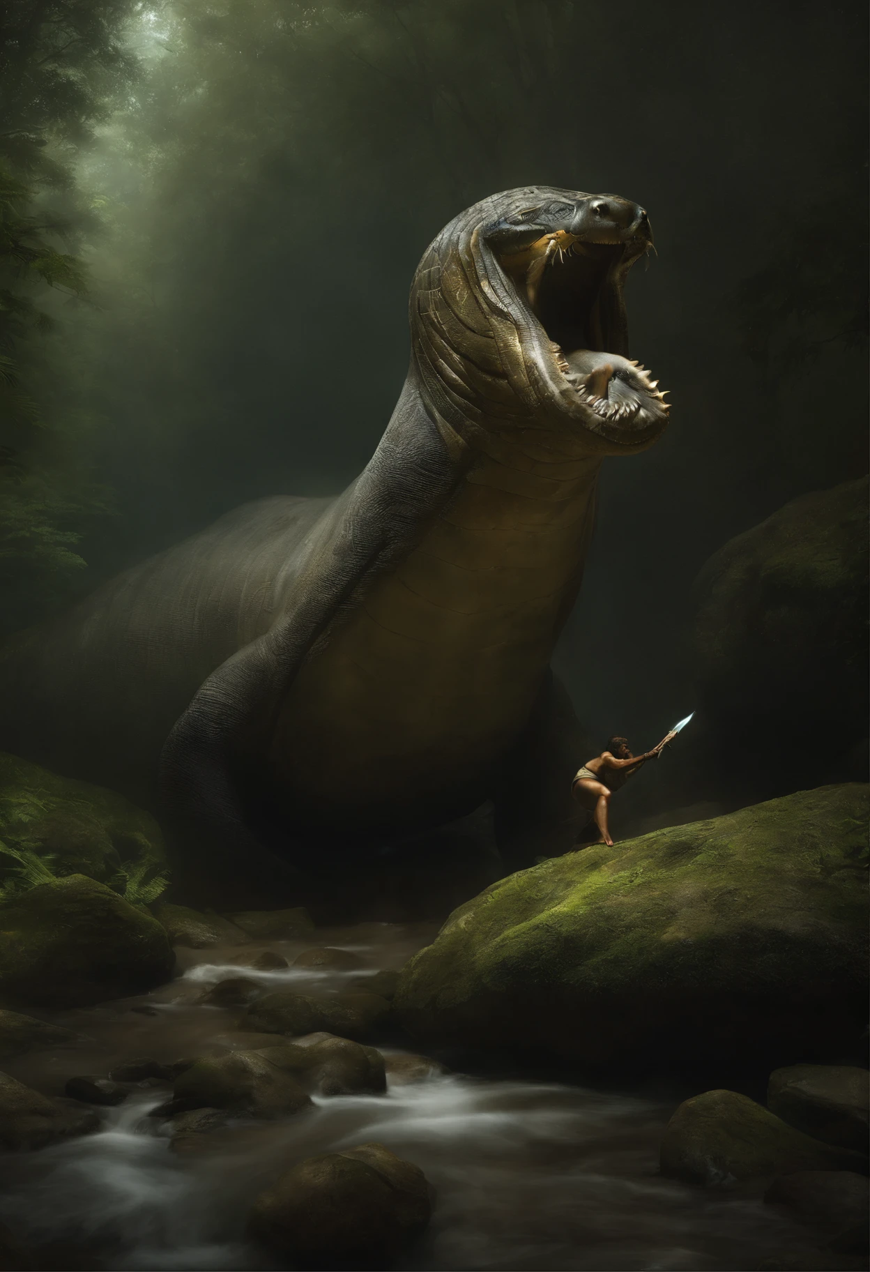 Create a work of art that depicts a chance encounter between the enigmatic half-human, criatura meio cobra e um aventureiro humano determinado. The adventurer should be portrayed as someone on a mission, carrying the tools of his craft and exuding an air of bravery and curiosity.

Put them in a surreal and mystical environment, where ancient trees with bioluminescent leaves cast a sinister glow. A atmosfera deve ser preenchida com uma aura de magia e maravilha, as if the meeting of these two beings was destined to unravel a hidden mystery.

Capture o momento em que seus olhos se fecham pela primeira vez, transmitindo um misto de surpresa, fascination, and perhaps a hint of apprehension. The serpentine grace of the creature must contrast with the human determination of the adventurer, creating a sense of beauty and supernatural curiosity Modelshoot Style, (papel de parede CG 8k extremamente detalhado,its head resembles that of a seal (aproximadamente o dobro do tamanho) and his body is subject to sometimes very pronounced ripples, Finalmente, his back is covered with a kind of sawtooth: Its length is approximately 20 meters (minimum value), Its color is gray and black; Its head resembles that of a seal (with approximately twice the dimensions) and his body is subject to sometimes very sharp ripples, finally its back is covered by a kind of sawteeth: which eliminates any resemblance to seals which eliminates any resemblance to Ed Blinkey's painting stamps, Atey Ghailan, ghibli studio, de Jeremy Mann, Greg Manxadinho, Antonio Moro, trending in the artstation, trend at CGSociety, intrincado, alto detalhe, foco nítido, Dramatic, Artistic painting by Midjourney and Greg Rutkowski, verde-azulado e dourado, Petals, campo, action pose, casting a spell, Magia Rhodopian Verde