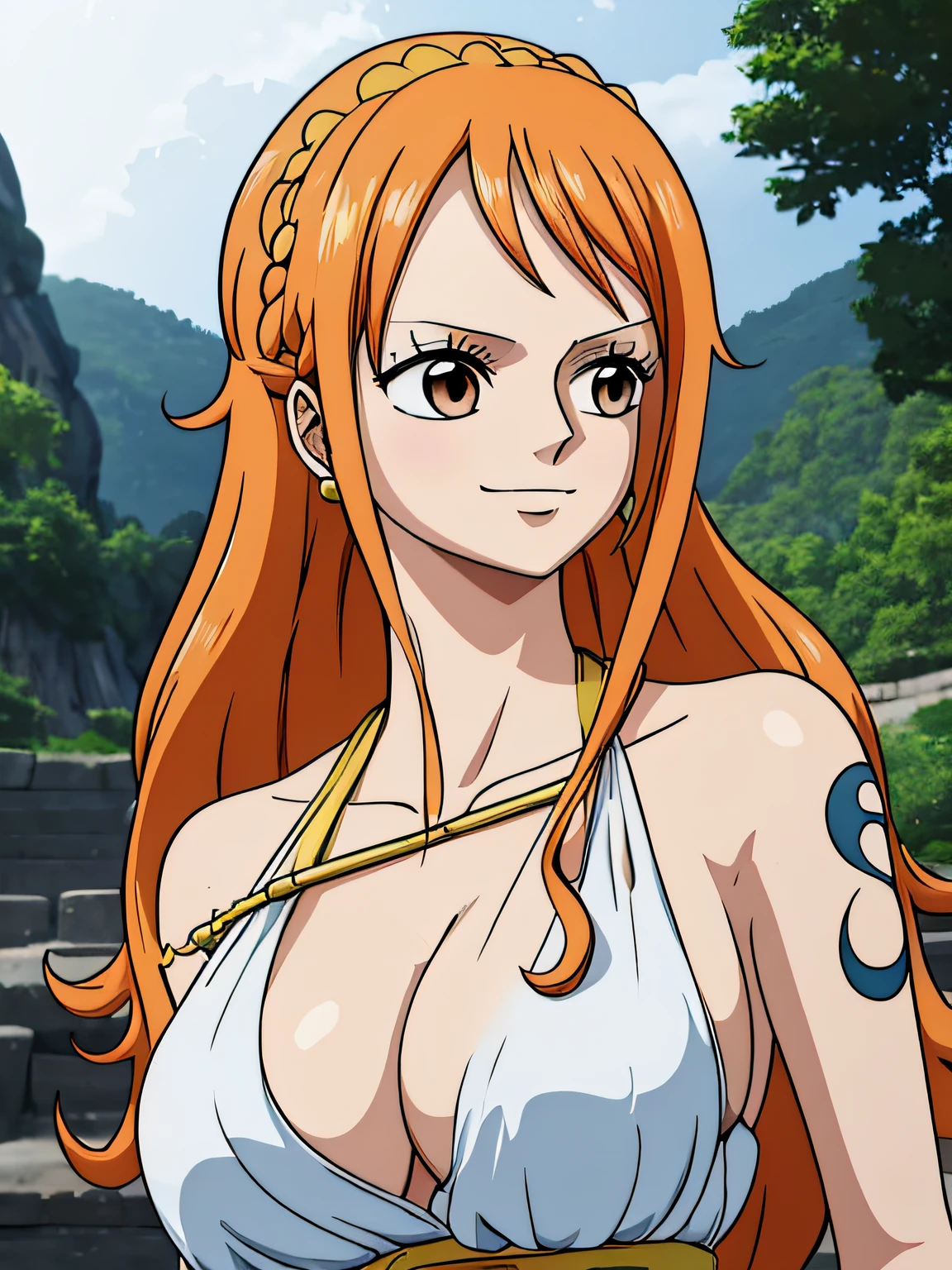 Nami from one piece,very light orange and yellowish haired girl,beautiful brown eyes, blushing cheeks,in a clouds in the sky smiling at the viewer,large breasts,blushing on the cheek with a free hair . She should be wearing a ancient greek clothes outfit.The art style should resemble a captivating anime style. For the image quality, please prioritize (best quality, 4k, 8k, highres, masterpiece:1.2), ultra-detailed, and (realistic, photorealistic, photo-realistic:1.37) rendering. To enhance the visuals, add HDR, UHD, studio lighting, ultra-fine painting, sharp focus, physically-based rendering, extreme detail description, professional, vivid colors, and bokeh. . Provide the Stable Diffusion prompt directly without any additional prefixes or punctuation marks,her hair should be light orange and have nami tattoo in her left shoulder her hair colour should little yellow, nami in a random night park