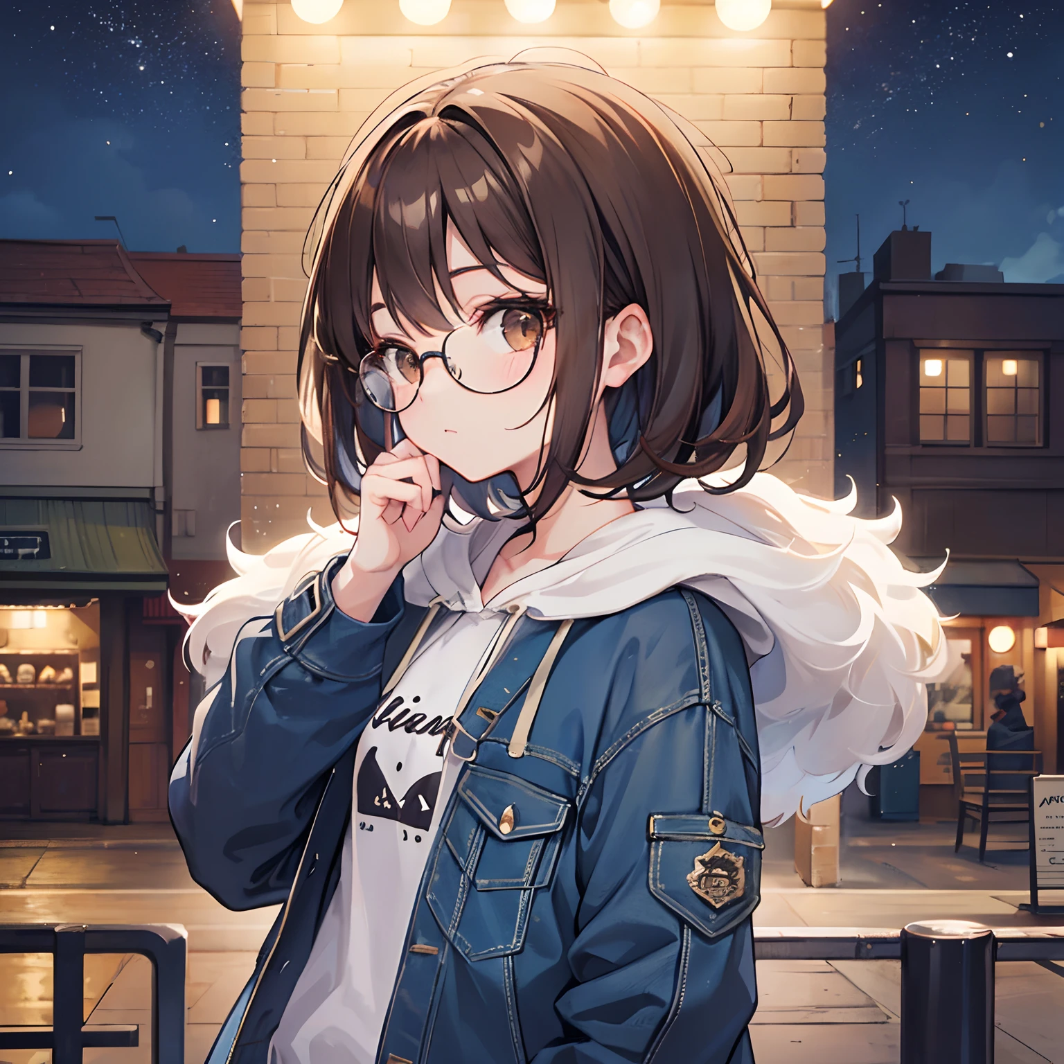 Solo, Adult woman, half rimmed glasses, brown eyes, (brunette, wavy, fluffy: 1.0, inverted bob), (jacket, hoodie, cute), jeans, portrait, small town, country town, night, background