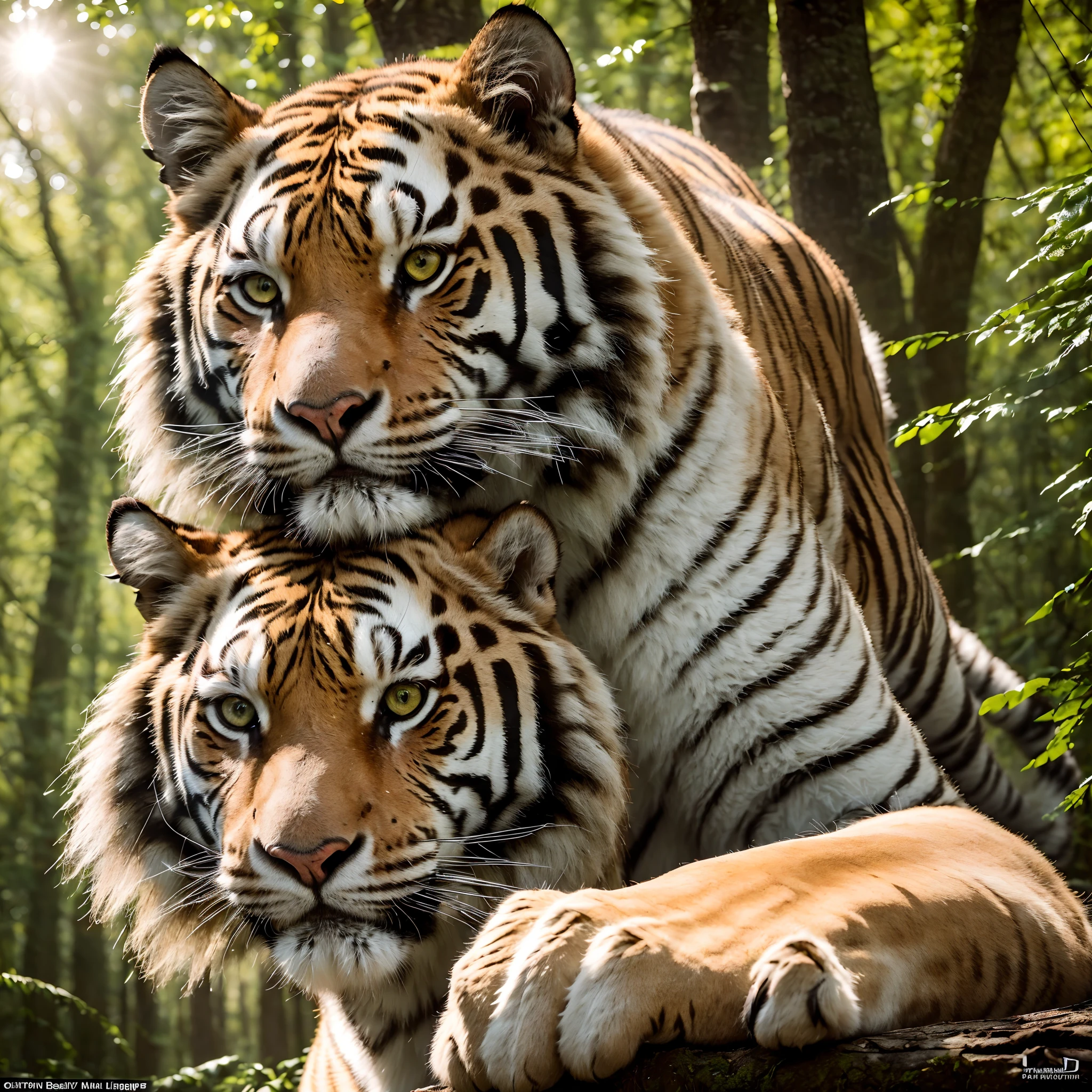 (best quality,ultra-detailed,realistic:1.37),majestic siberian tiger,ferocious expression,powerful and detailed muscles,ready to pounce,hunting instinct,striking yellow eyes,fierce claws,pristine white fur,towering presence in the wild,dense forest background,soft sunlight shining through the trees,vivid colors,sharp focus,subtle shadows,perfectly balanced composition,wildlife photography