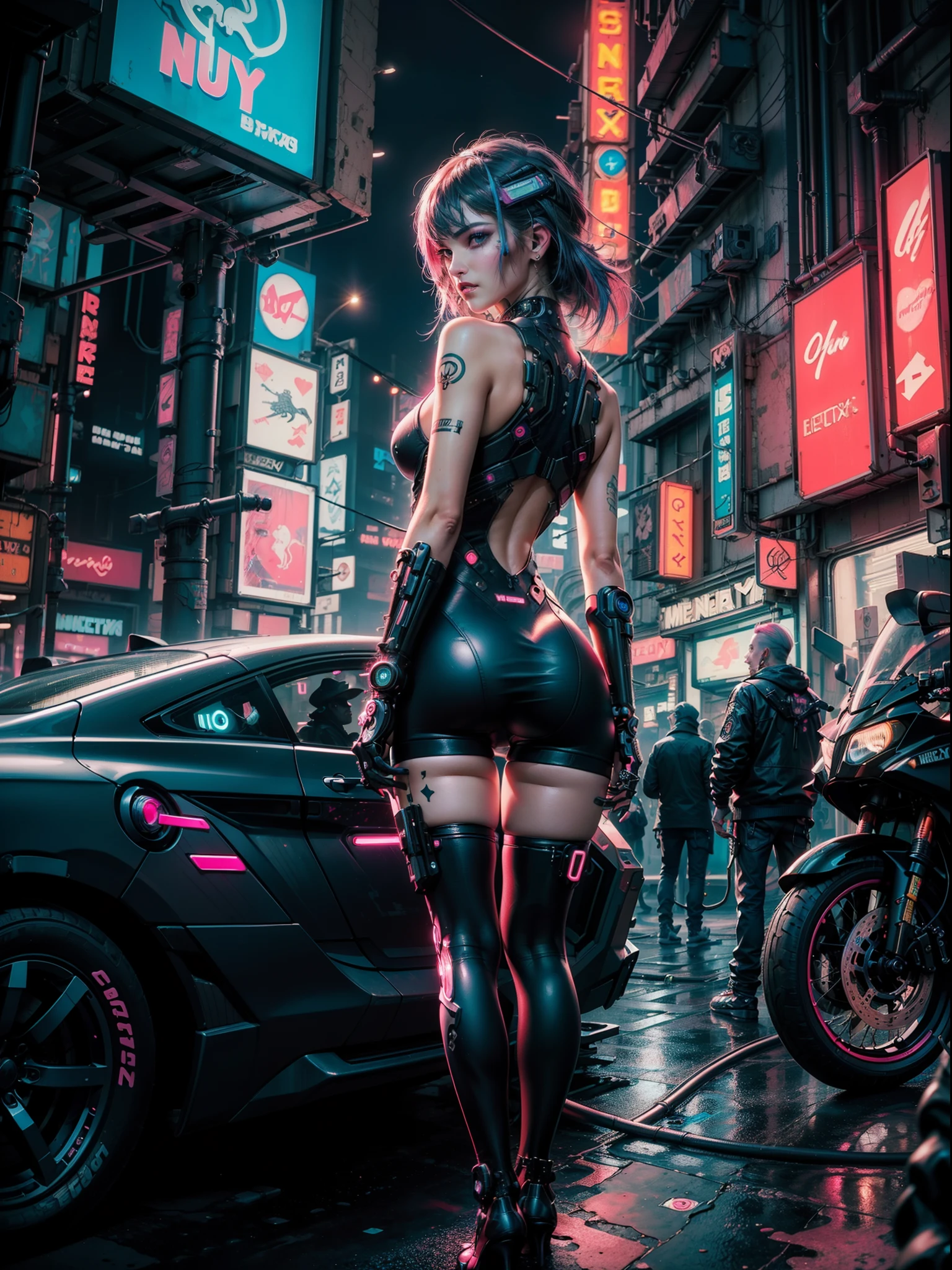 (masterpiece, top quality, best quality, official art, beautiful and aesthetic:1.2),(1 Sofia Boutella cyberpunk girl:1.4),([pink|blue] hair:1.5),((extreme detailed face)),(fractal art:1.3),(colorful:1.5), ((highly detailed face)), hyper detailed,(Mechanical modification:1.3), Maiden, (complex mechanical conduit in back:1.5),(neon background:1.4),(neon city:1.75),night,(large breasts, thigh gap, camel toe), (gothic_lolita:1.2),high heels,(:0.75),heavy makeup, (cyberpunk:1.4),((looking at viewer:1.3)), ((cowboy shot)), NSFW, ((facing camera)).