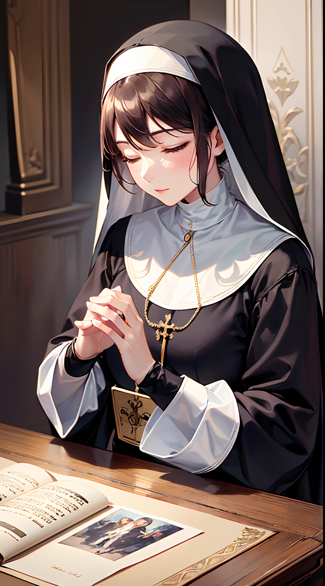 (Finest quality)),(超A high resolution),(ultra-detailliert),(Meticulous portrayal),((best pictures)),(Finest works of art),Ultra-Precision Art,The art of astounding depiction, Cultivated woman:1.5,Innocent Dresses:1.5,Nun praying with her eyes closed:1.5