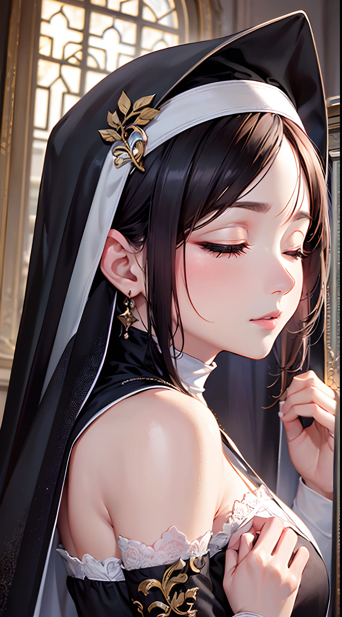 (Finest quality)),(超A high resolution),(ultra-detailliert),(Meticulous portrayal),((best pictures)),(Finest works of art),Ultra-Precision Art,The art of astounding depiction, Cultivated woman:1.5,Innocent Dresses:1.5,Nun praying with her eyes closed:1.5