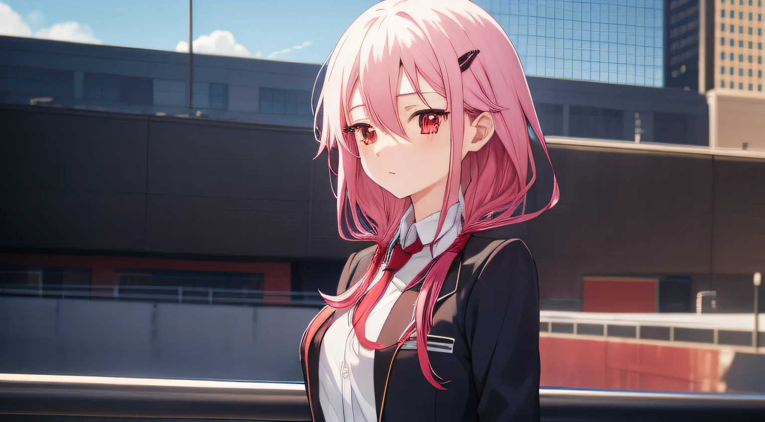 hair between eye, hair adornments, hair pin, Long hair, Low Twin Tails, Pink hair, (Red eyes:1.2), side locks, double tails，Black school uniform，Black tights，urban backdrop，sitted，full bodyesbian