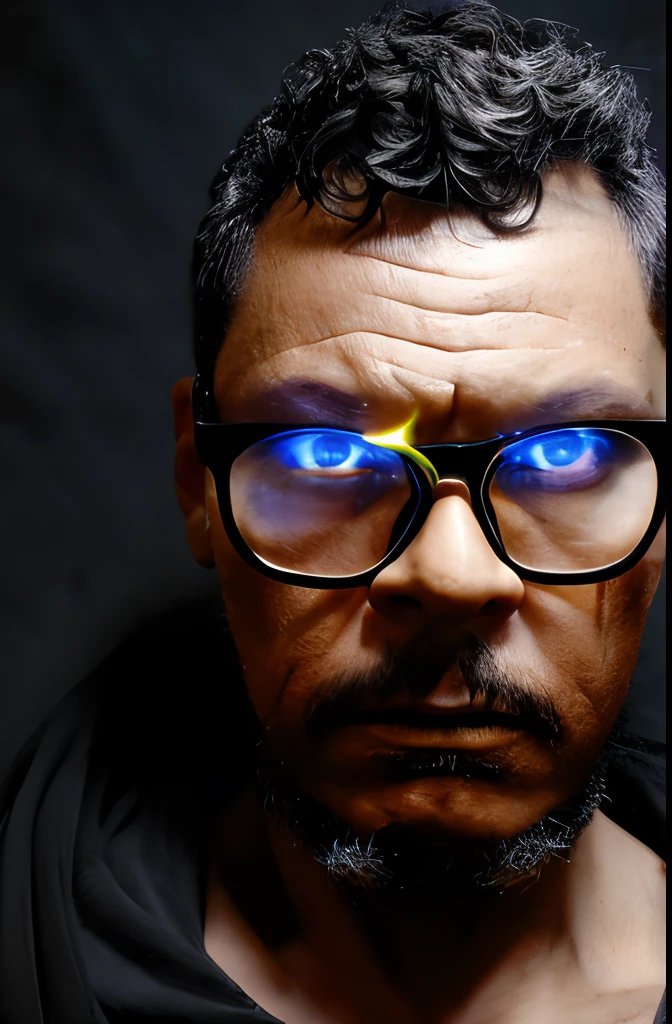 "Create a fantastical half-body portrait of a man wearing glasses, cosplaying as a dark sorcerer wizard with eerie, glowing yellow eyes. The cosplay should exude extreme fear and malevolence. Photograph against a black background using chiaroscuro lighting for a dramatic effect."
