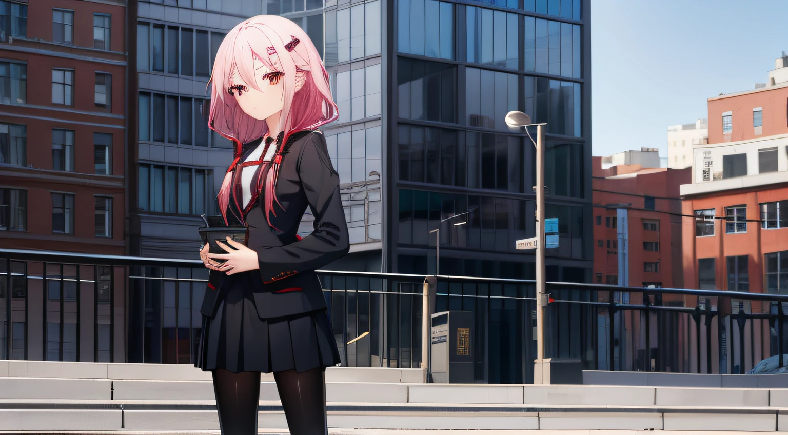 hair between eye, hair adornments, hair pin, Long hair, Low Twin Tails, Pink hair, (Red eyes:1.2), side locks, double tails,Black school uniform,Black tights,urban backdrop,sitted,full bodyesbian