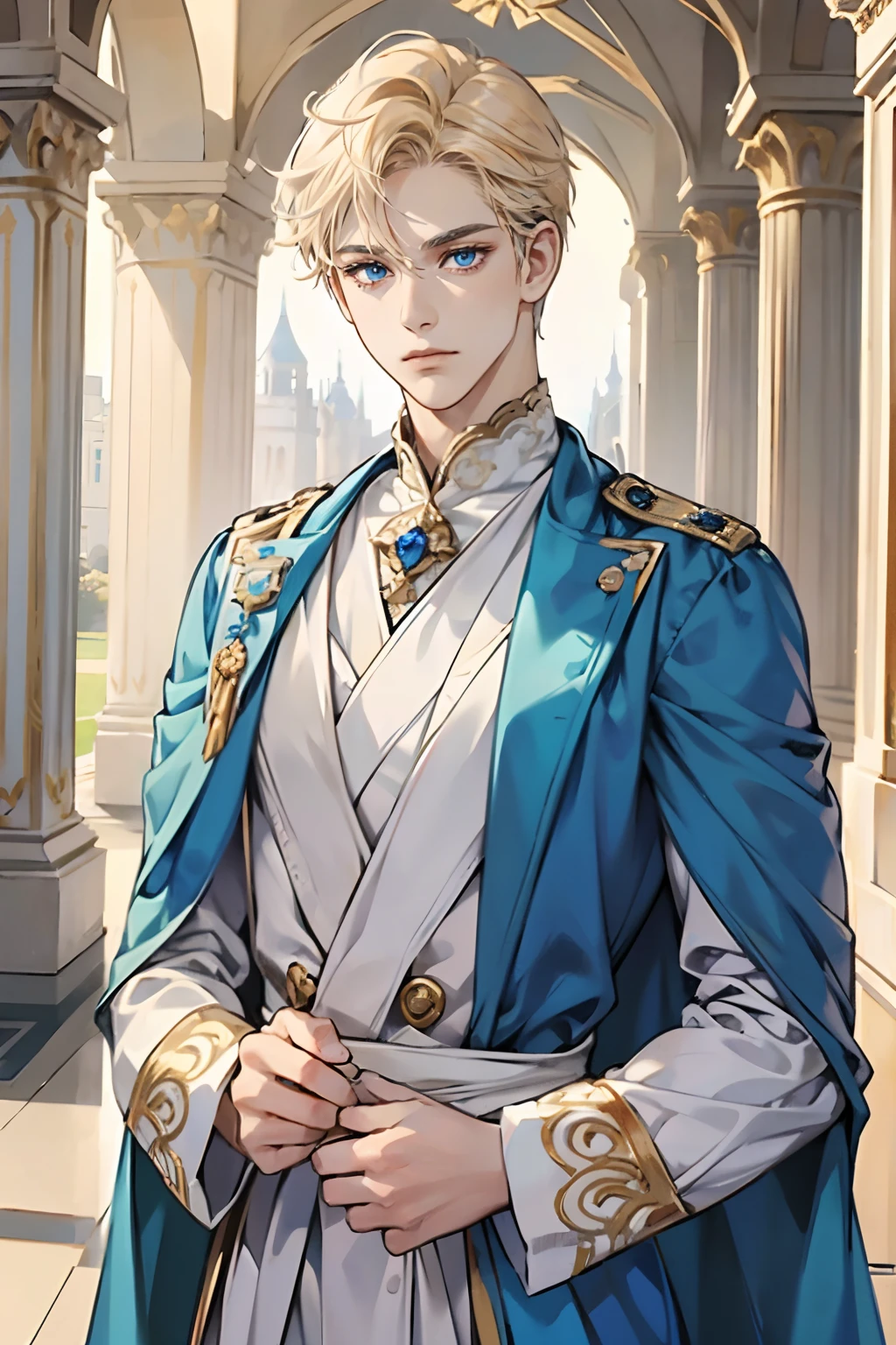 1boy, young male, Perfect male body,Eyes look at the camera, (prince, White royal costume, with short golden hair, Blue eyes, Sad expression), Outdoor, marbled columns,Expose forehead,Ray tracing,Portrait, half body