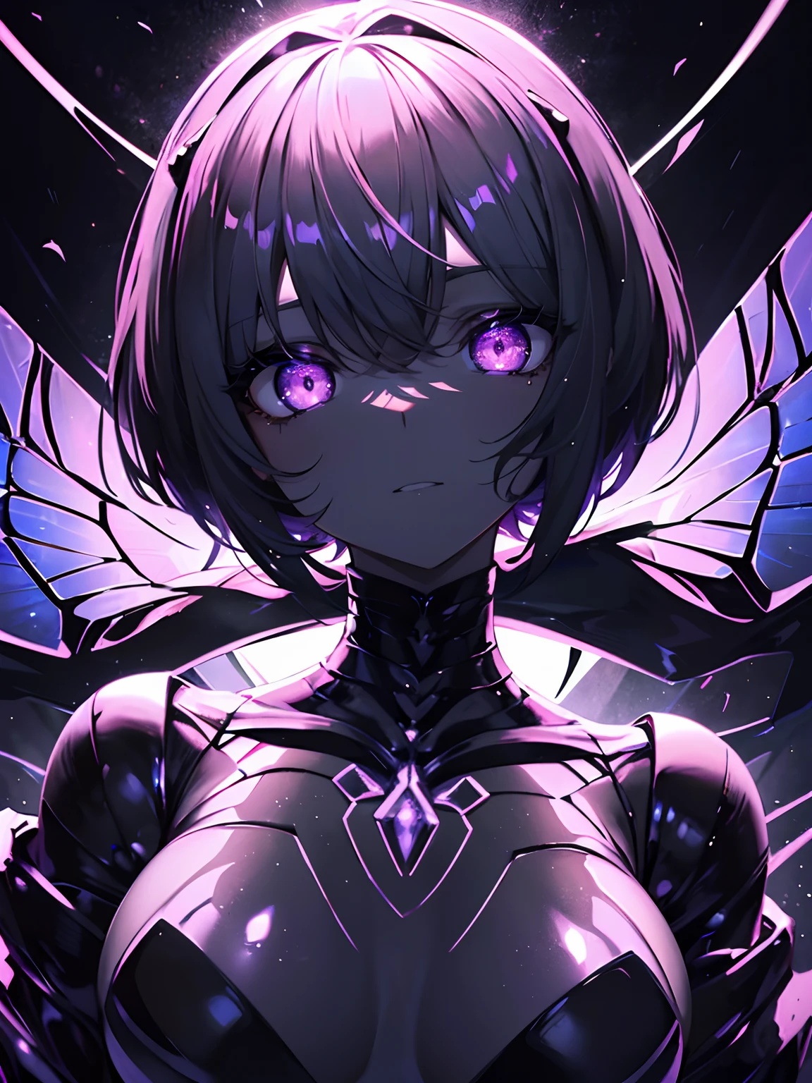 (Masterpiece, Best quality, ultra high resolution),1girl,scarab creature, smirk, insect body,body beetle creature), ((detailed black insectoid creature body)), bob cut,fantasy, beautiful and detailed face, detailed eyes, glowing eyes,small chest,in the dark cave,pink eyes, looking at the viewer, ((loli)),(grey theme)