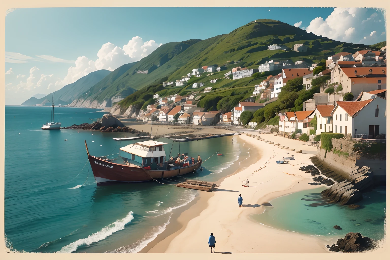 A sleepy fishing village by the sea. John, pescador, prepara seu barco para um dia no mar. The villagers wave at him as he leaves.