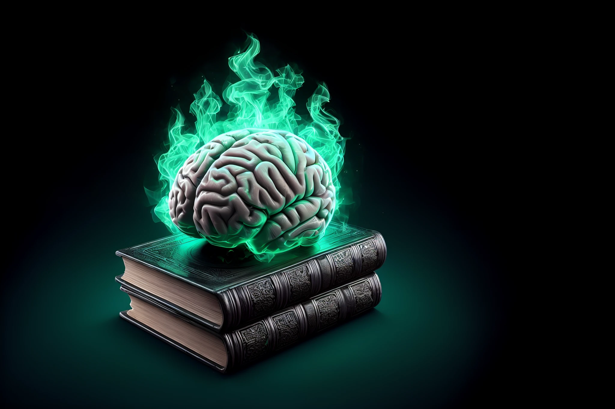 A closeup of a book with a burning brain on top of it, conhecimento intenso, magic book, with book of science, alquimia mental, spell book, Conhecimento obscuro, proibido - conhecimento, conhecimento, floating spellbook, conhecimento proibido, grimoire, conhecimento proibido enlouquecedor, Directed by: Adam Marczyński, fantasy book illustration, fundo preto