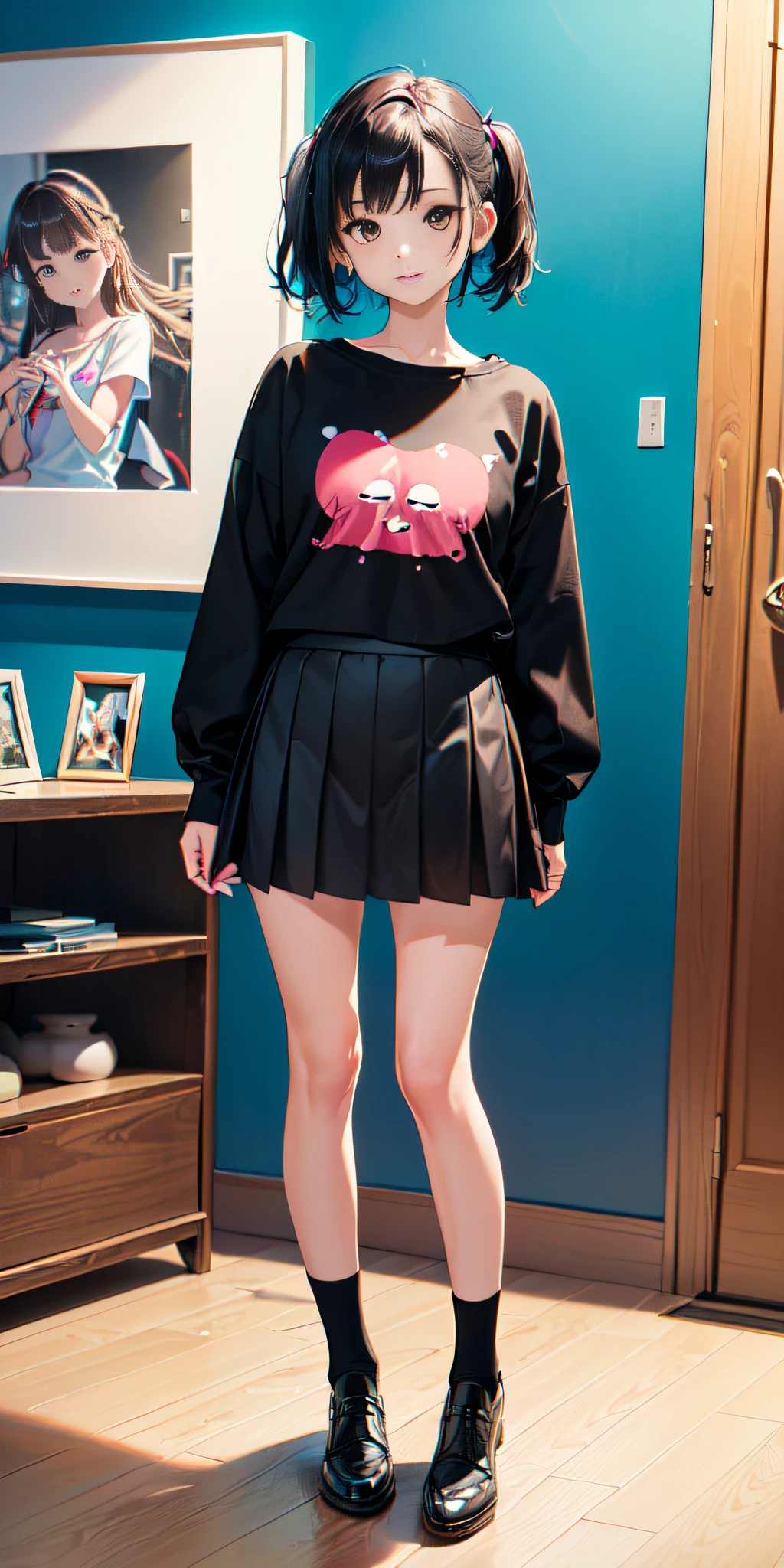 ((Contemporary art created by tracing traces of colorful ink、obra maestra、ultra-detallado、Pop-art, 16 year old girl very short skirt black, blusa tipo hombliguera,))