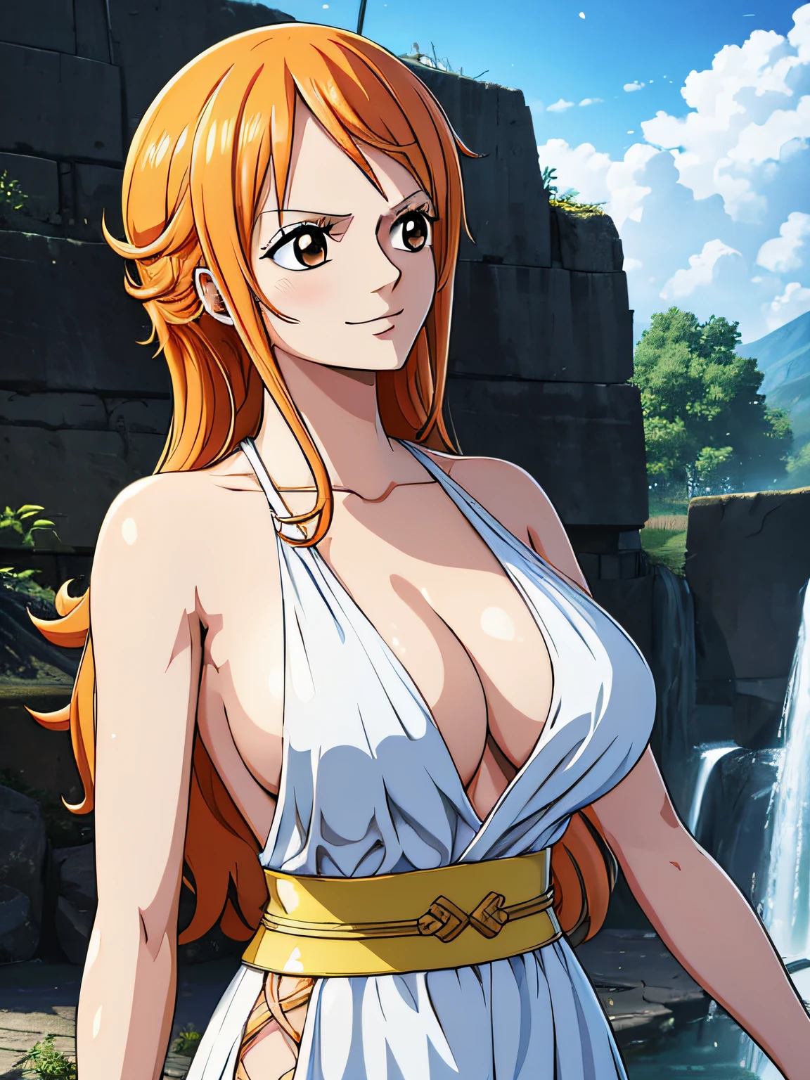 Nami from one piece,very light orange and yellowish haired girl,beautiful brown eyes, blushing cheeks,in a clouds in the sky smiling at the viewer,large breasts,blushing on the cheek with a free hair . She should be wearing a ancient greek clothes outfit.The art style should resemble a captivating anime style. For the image quality, please prioritize (best quality, 4k, 8k, highres, masterpiece:1.2), ultra-detailed, and (realistic, photorealistic, photo-realistic:1.37) rendering. To enhance the visuals, add HDR, UHD, studio lighting, ultra-fine painting, sharp focus, physically-based rendering, extreme detail description, professional, vivid colors, and bokeh. . Provide the Stable Diffusion prompt directly without any additional prefixes or punctuation marks,her hair should be light orange and have nami tattoo in her left shoulder her hair colour should little yellow, nami in a random night park