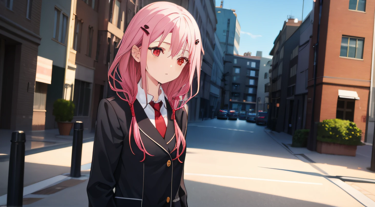 hair between eye, hair adornments, hair pin, Long hair, Low Twin Tails, Pink hair, (Red eyes:1.2), side locks, double tails，Black school uniform，Black tights，urban backdrop，sitted，full bodyesbian