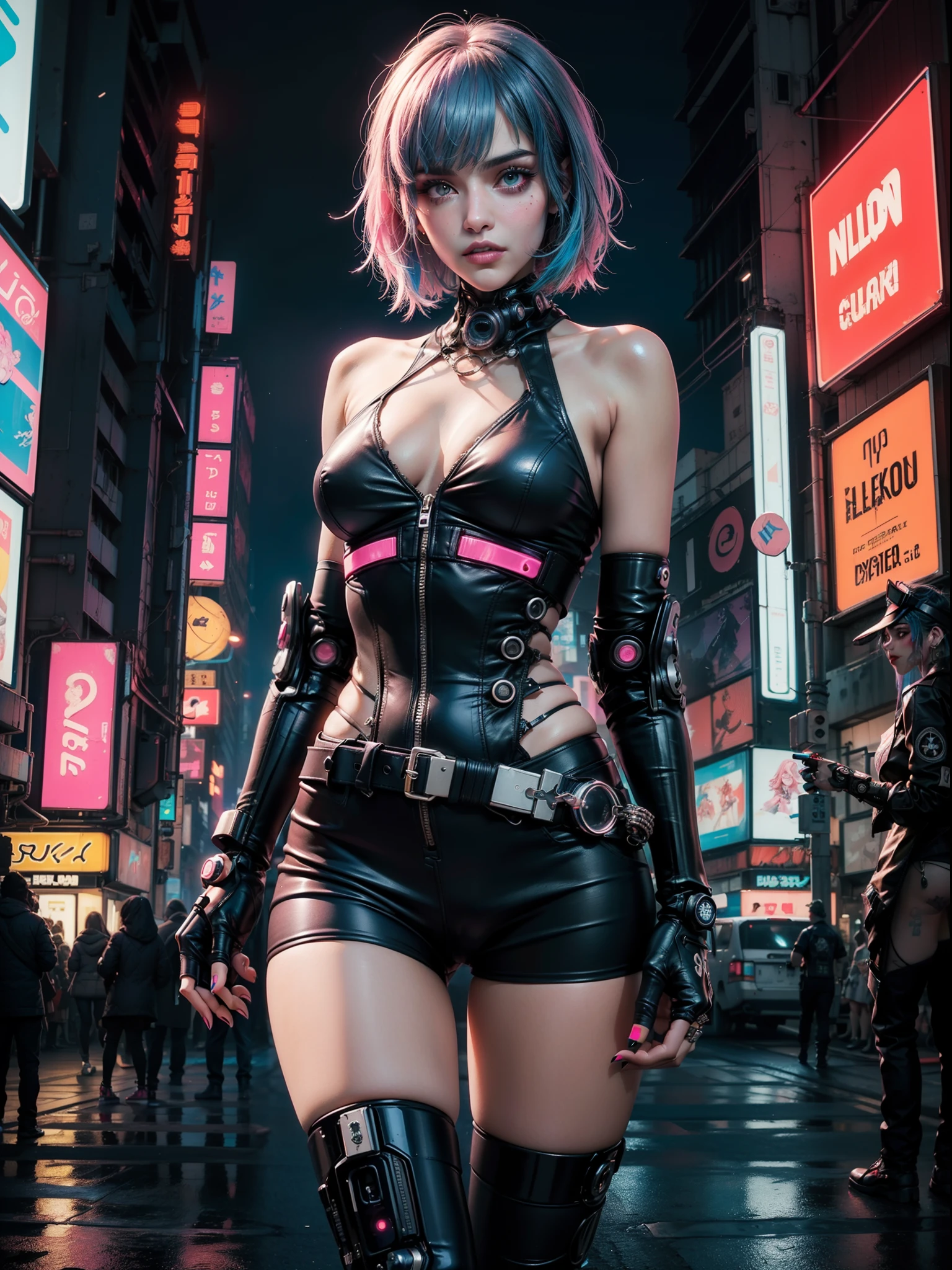 (masterpiece, top quality, best quality, official art, beautiful and aesthetic:1.2),(1 Sofia Boutella cyberpunk girl:1.4),([pink|blue] hair:1.5),((extreme detailed face)),(fractal art:1.3),(colorful:1.5), ((highly detailed face)), hyper detailed,(Mechanical modification:1.3),(modification:1.2),Maiden,(complex mechanical conduit is inserted into the back:1.5),(neon background:1.4),(neon city:1.75),night,(large breasts, thigh gap, camel toe), (gothic_ta:1.2),high heels,(:0.75),makeup,blush,(cyberpunk:1.4),((looking at viewer:1.3)), ((cowboy shot)), NSFW, ((facing camera)).