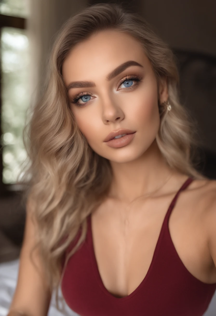 Woman with matching tank bra, Sexy girl with blue eyes, Portrait Sophie Mudd, Portrait of Corina Koff, blonde hair and large eyes, selfie of a young woman, Eyes of Club Violet Myers, Orne Makeup, Natural makeup, looks directly at camera, Artgram Face, Dezentes Makeup, Stunning full-body shots, at bedroom, Split