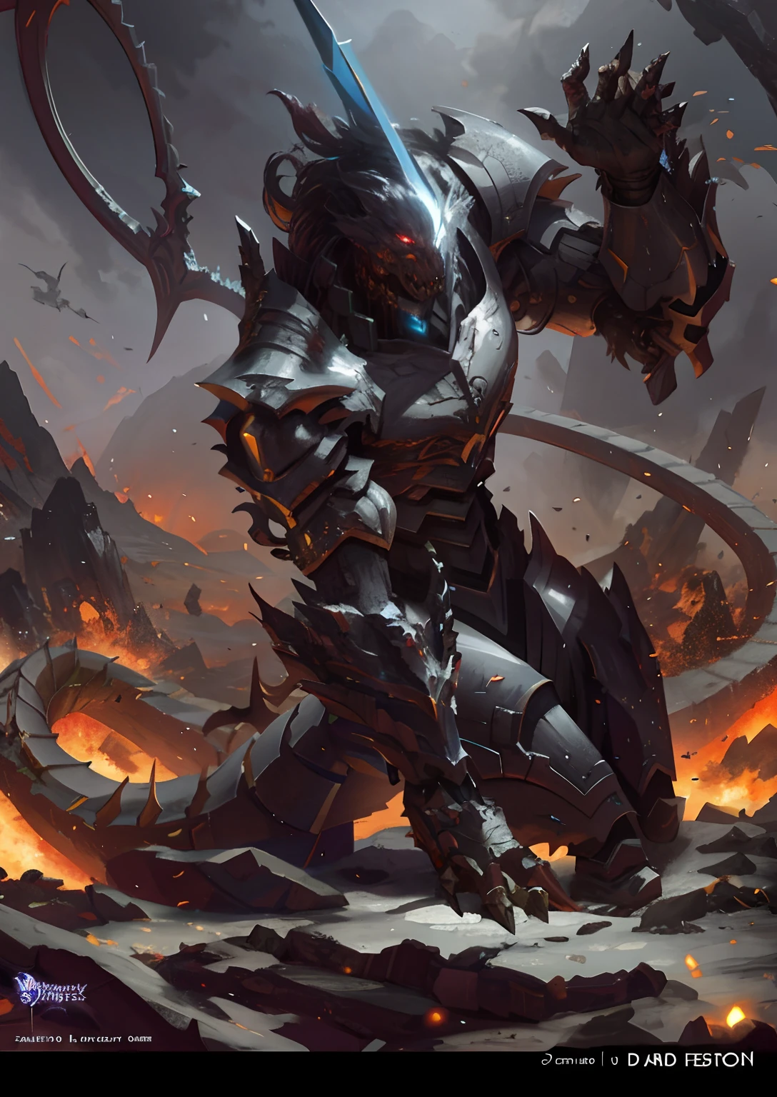 A closeup of a demonic creature with a sword in hand, Arte de fantasia 4k, arte conceitual digital de alta qualidade, epic scifi fantasy art, Estilo de Raymond Swanland, Directed by: Arthur Pan, epic fantasy sci fi illustration, Papel de parede de arte conceitual 4K, Estilo Darksiders, epic fantasy game art, epic fantasy art, Dragon Mech well armored, concept art design illustration