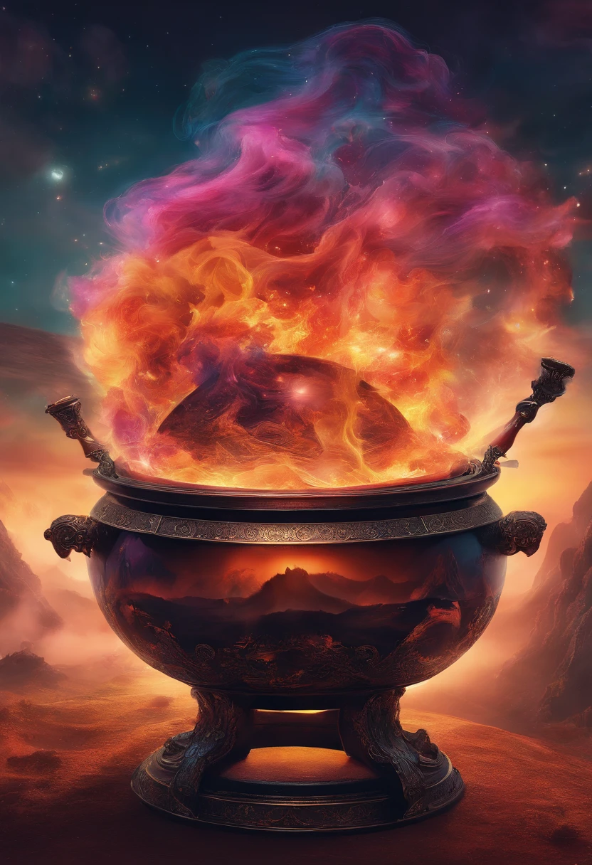 Show an education scenario of the future, com salas de aula virtuais, mentores inteligentes, e o potencial para o aprendizado interestelar. 8k a closeup of a cauldron with smoke coming out of it, lute, Tempo lunar, Psychedelic Effect