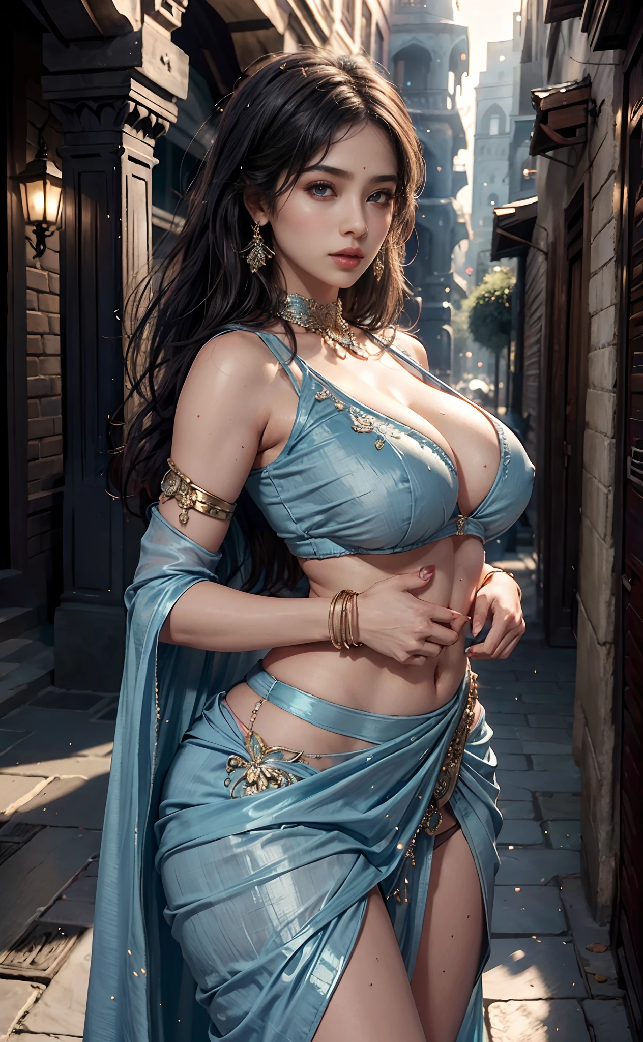 walking in a moonlit courtyard, exotic girl, indian, looking at the viewer, shining skin, perfect lighting, the embodiment of grace and elegance, (blue saree), (Big Tits:1.5), cleavage, clear curvy details, beautiful curves, detailed eyes, detailed pupil, volumetric lighting, Ultra Detailed, unity 8k wallpaper, ultra detailed, aesthetic, masterpiece, best quality, photorealistic,(( boobs show)), sweat on boobs, sweaty waist, ass show, waistchain, fingers touching boobs