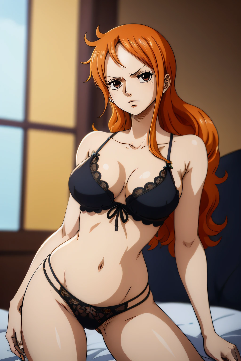 (Estilo de arte anime), Nami de One Piece, brown eyes, Pelo largo naranja, Wearing black lingerie, Ruboroso, orinar en la cama, (Estilo de arte anime), (NSFW), Vista posterior