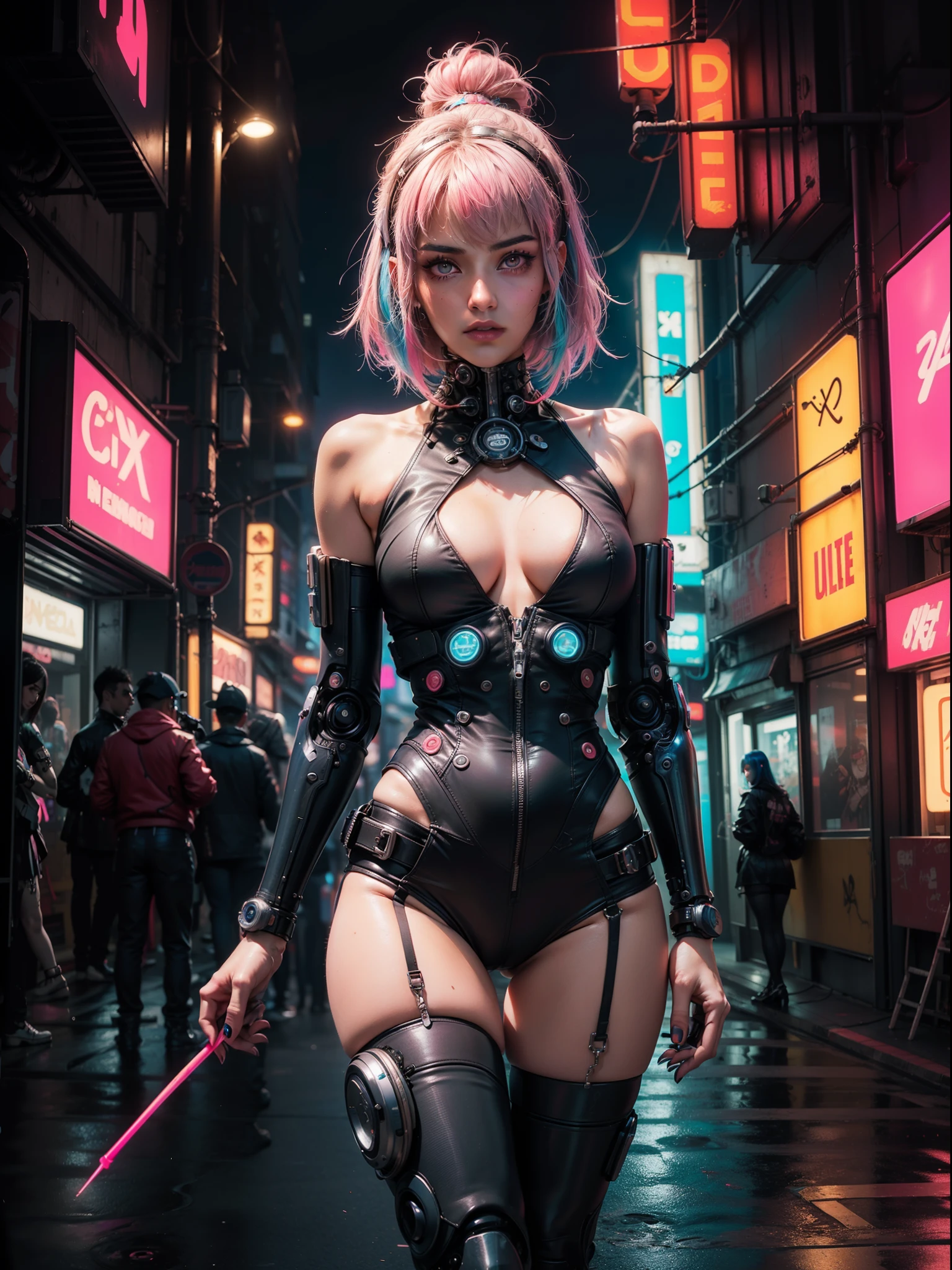 (masterpiece, top quality, best quality, official art, beautiful and aesthetic:1.2),(1 Sofia Boutella cyberpunk girl:1.4),([pink|blue] hair:1.5),((extreme detailed face)),(fractal art:1.3),(colorful:1.5), ((highly detailed face)), hyper detailed,(Mechanical modification:1.3),(modification:1.2),Maiden,(complex mechanical conduit is inserted into the back:1.5),(neon background:1.4),(neon city:1.75),night,(large breasts, thigh gap, camel toe), (gothic_lolita:1.2),high heels,(:0.75),makeup,blush,(cyberpunk:1.4),((looking at viewer:1.3)), ((cowboy shot)), NSFW, ((facing camera)).