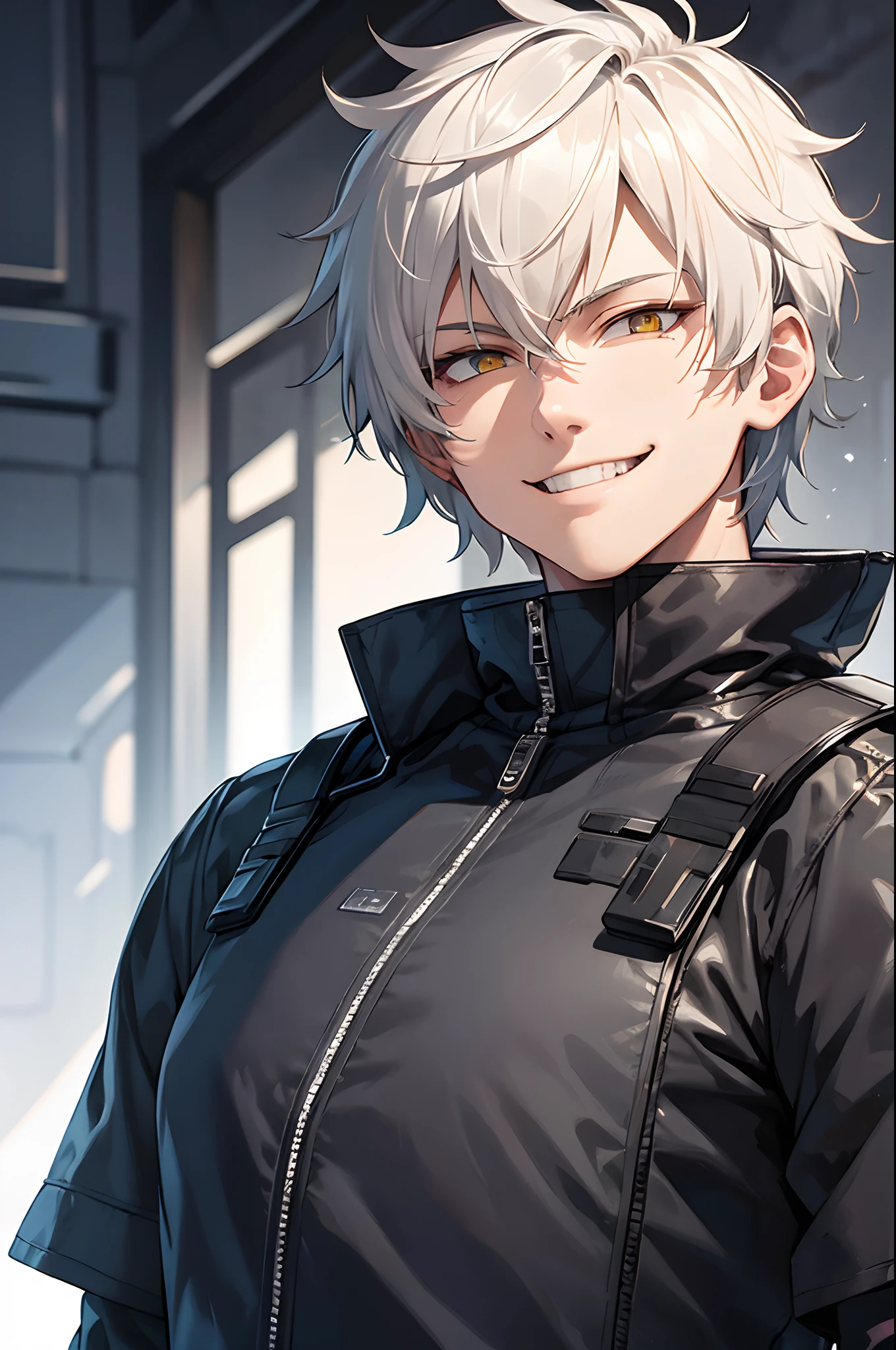 a man with short fluffy hair, head back, smiling, fangs, one hand behind head, smug eyes, cool illustration, techwear outfit, close up of face