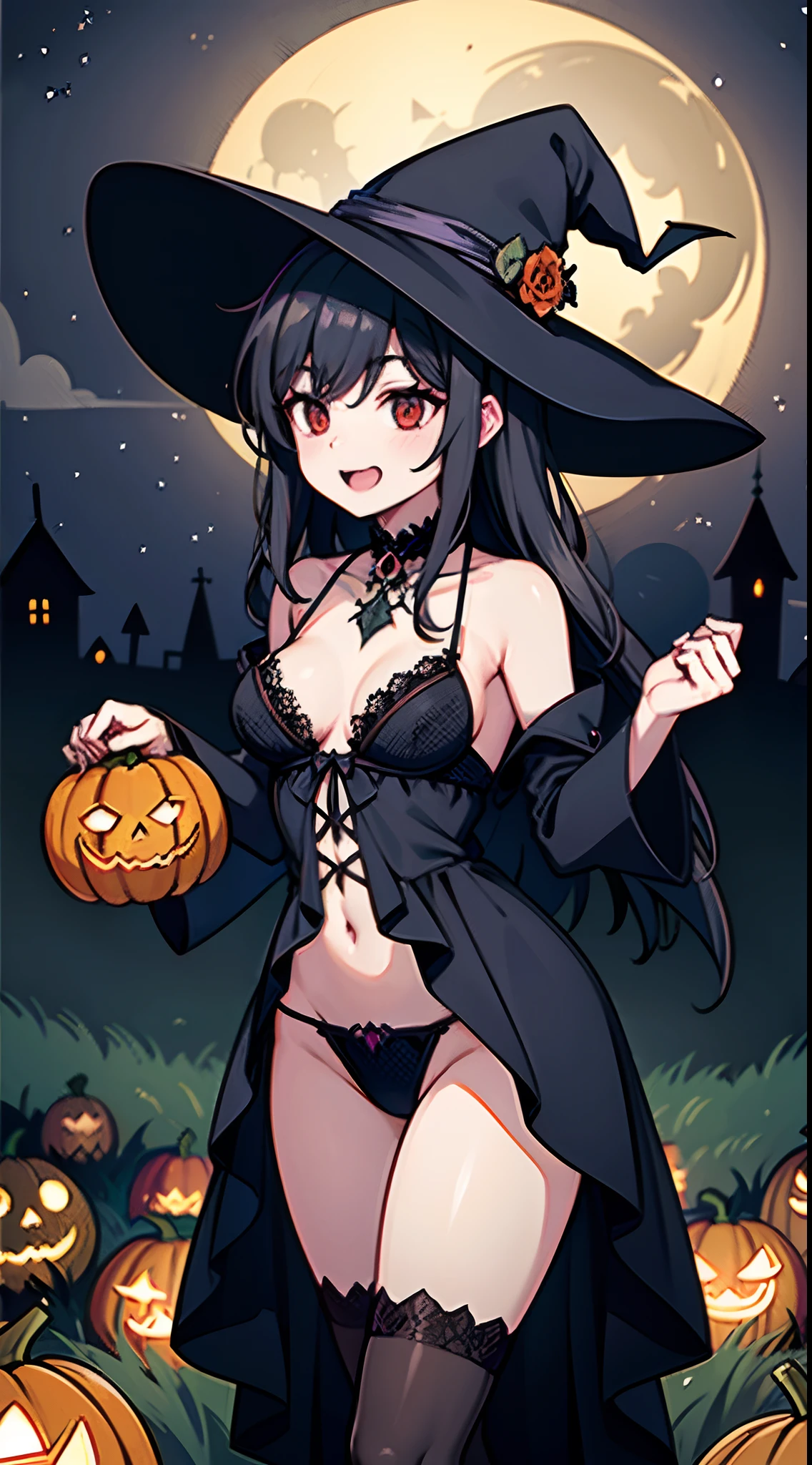 The Beautiful Witch, grimalkin, in gothic lingerie, In an old witch's hat, passion, Masterpiece, In the moonlight, among ripe pumpkins, Sinister laughter, Horrible gloomy old vegetable garden around, Crows, Horror, chthonic horror