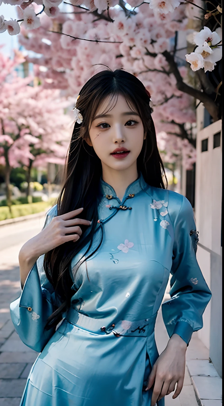 uma menina bonita delicada,deusas,Fairy air fluttering,Olhos belos,olhos encantadores,Hydrated lips,Gray milk tea cookies with long hair,(sorriso:1.3),Retrato detalhado do rosto,The expression described in detail,Detailed representation of facial features,Master masterpieces,finedetail,Describe the function in detail,Detailed representation of hair,Corpo sexy cuidadosamente retratado,The body is bumpy,Detailed representation of the hands,Roupas retratadas em detalhes,Retrato detalhado do rosto,s o rosto perfeito,(Finely depicted hands,4 dedos com um polegar:1.3),ortofacial,Colar de gargantilha,Batons,Eardrop,,Photo of three bedrooms,Obras de mestres,Infinitely close to reality,(foto de corpo inteiro:1.3),A mais alta qualidade de imagem,melhor qualidade,infinitos detalhes,8K分辨率,(((Cheongsam bordado lindamente estampado 1.3))),(((Em Cheongsam))),((Cherry blossom tree background))