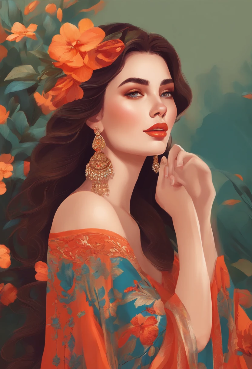 Bright colors, beautiful style, high-quality illustrations, female chin holding hand position, elegant drawing, detailed illustration of clothing and facial features.