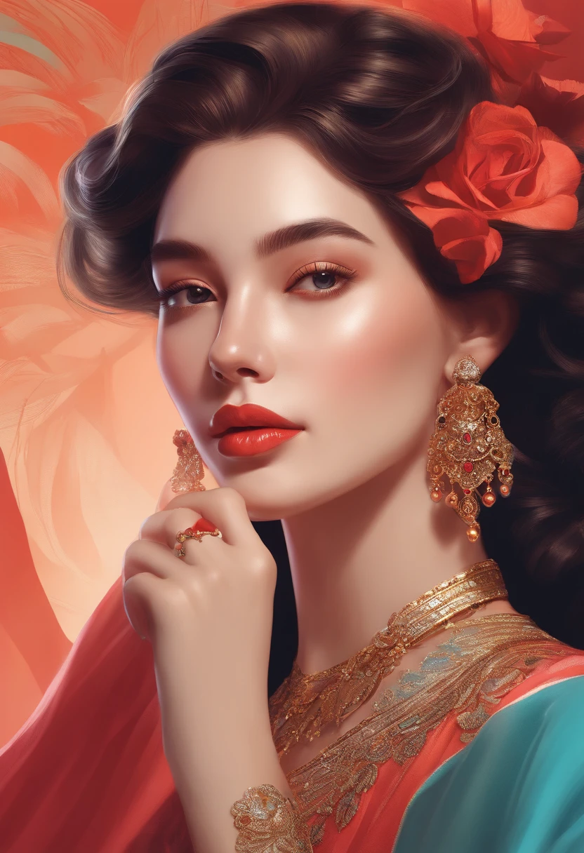 Bright colors, beautiful style, high-quality illustrations, female chin holding hand position, elegant drawing, detailed illustration of clothing and facial features.