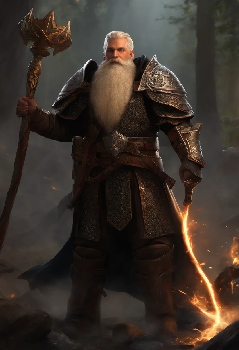 arafed, (male: 1.3), dwarf, (Masterpiece, intense details: 1.5)cleric, paladin, (Masterpiece 1.5, intense details), casting a spell (Masterpiece 1.3, intense details), full body, wearing heavy (black armor: 1.2) with spikes (Masterpiece, intense details: 1.2), orange cloak with (Hammer and anvil symbol: 1.1), flowing cloak (holy symbol hammer and anvil: 1.2), armed with a (magical staff: 1.5) on fire (Masterpiece, intense details: 1.2), blond hair, long braided beard, hair strand, frown, serious, high detail, Realism, Action painting, depth of field, god rays, wide shot, panorama, Ultra-Wide Angle, UHD, super detail, high quality, photorealism, 16K, highres