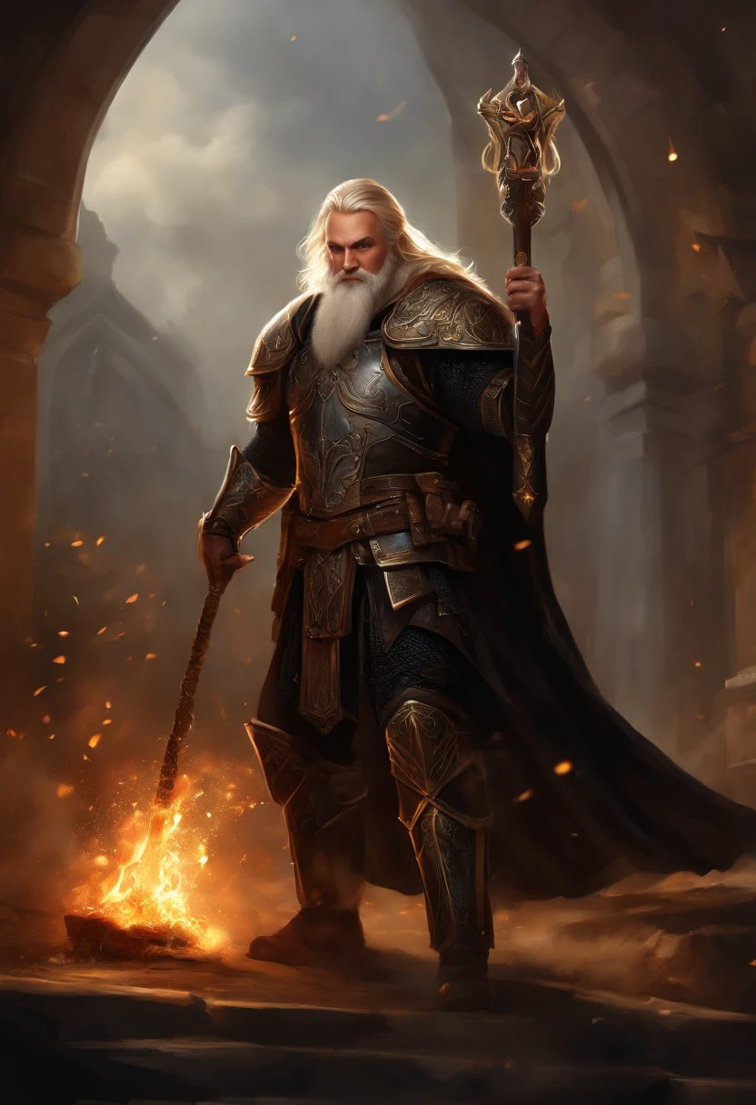 arafed, (male: 1.3), dwarf, (Masterpiece, intense details: 1.5)cleric, paladin, (Masterpiece 1.5, intense details), casting a spell (Masterpiece 1.3, intense details), full body, wearing heavy (black armor: 1.2) with spikes (Masterpiece, intense details: 1.2), orange cloak with (Hammer and anvil symbol: 1.1), flowing cloak (holy symbol hammer and anvil: 1.2), armed with a (magical staff: 1.5) on fire (Masterpiece, intense details: 1.2), blond hair, long braided beard, hair strand, frown, serious, high detail, Realism, Action painting, depth of field, god rays, wide shot, panorama, Ultra-Wide Angle, UHD, super detail, high quality, photorealism, 16K, highres