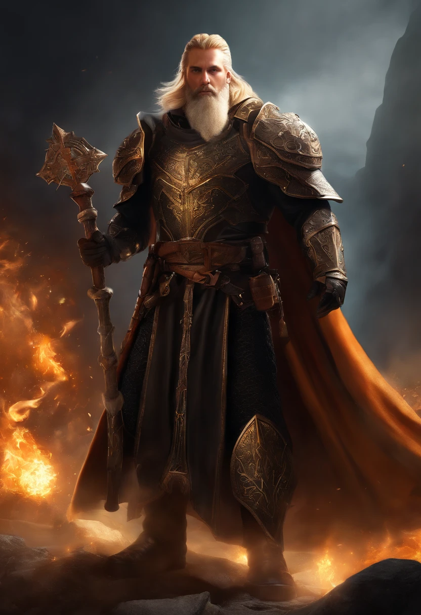 arafed, (male: 1.3), dwarf, (Masterpiece, intense details: 1.5)cleric, paladin, (Masterpiece 1.5, intense details), casting a spell (Masterpiece 1.3, intense details), full body, wearing heavy (black armor: 1.2) with spikes (Masterpiece, intense details: 1.2), orange cloak with (Hammer and anvil symbol: 1.1), flowing cloak (holy symbol hammer and anvil: 1.2), armed with a (magical staff: 1.5) on fire (Masterpiece, intense details: 1.2), blond hair, long braided beard, hair strand, frown, serious, high detail, Realism, Action painting, depth of field, god rays, wide shot, panorama, Ultra-Wide Angle, UHD, super detail, high quality, photorealism, 16K, highres
