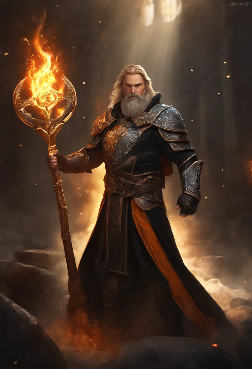 arafed, (male: 1.3), dwarf, (Masterpiece, intense details: 1.5)cleric, paladin, (Masterpiece 1.5, intense details), casting a spell (Masterpiece 1.3, intense details), full body, wearing heavy (black armor: 1.2) with spikes (Masterpiece, intense details: 1.2), orange cloak with (Hammer and anvil symbol: 1.1), flowing cloak (holy symbol hammer and anvil: 1.2), armed with a (magical staff: 1.5) on fire (Masterpiece, intense details: 1.2), blond hair, long braided beard, hair strand, frown, serious, high detail, Realism, Action painting, depth of field, god rays, wide shot, panorama, Ultra-Wide Angle, UHD, super detail, high quality, photorealism, 16K, highres